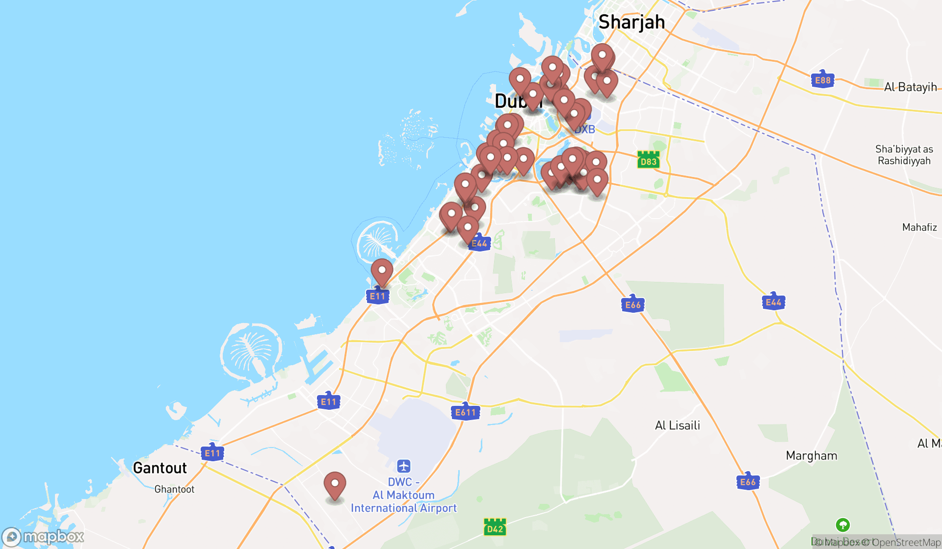 Map showing the search results in Dubai
