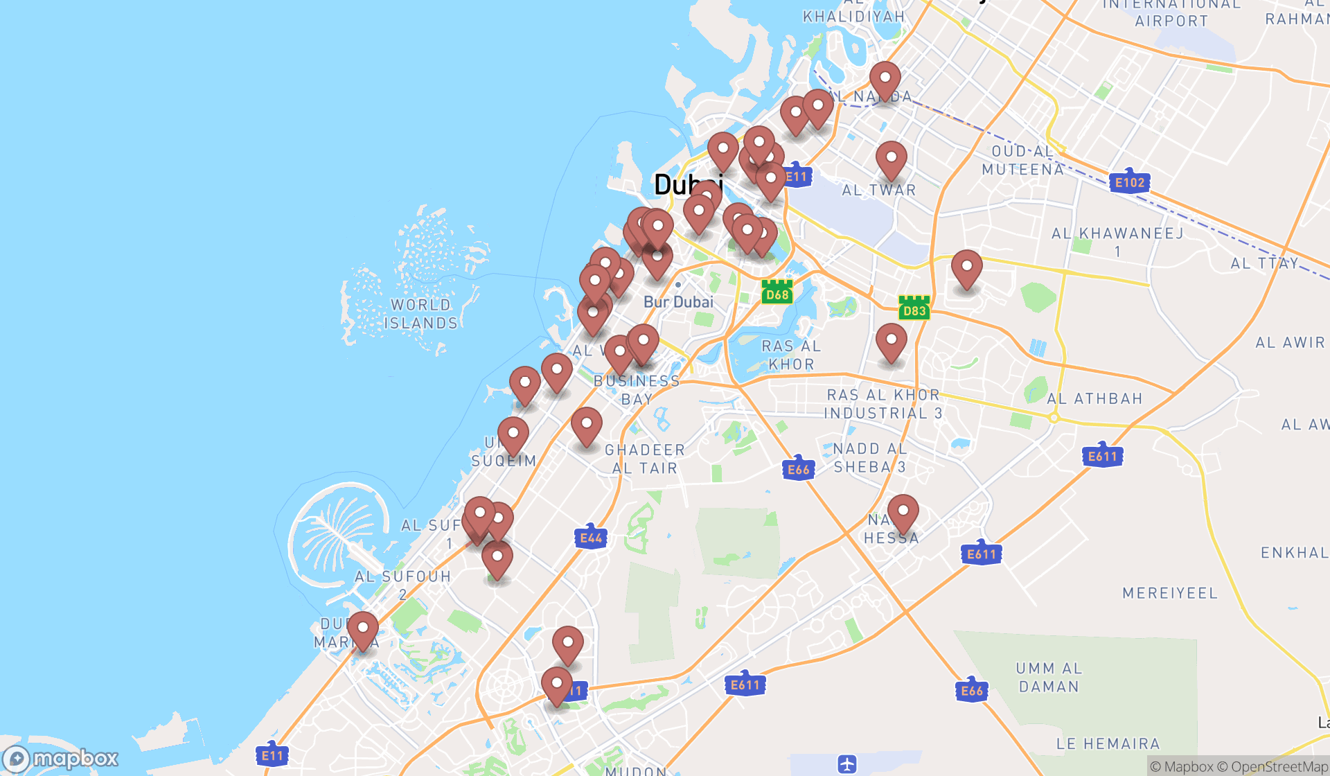 Map showing the search results in Dubai