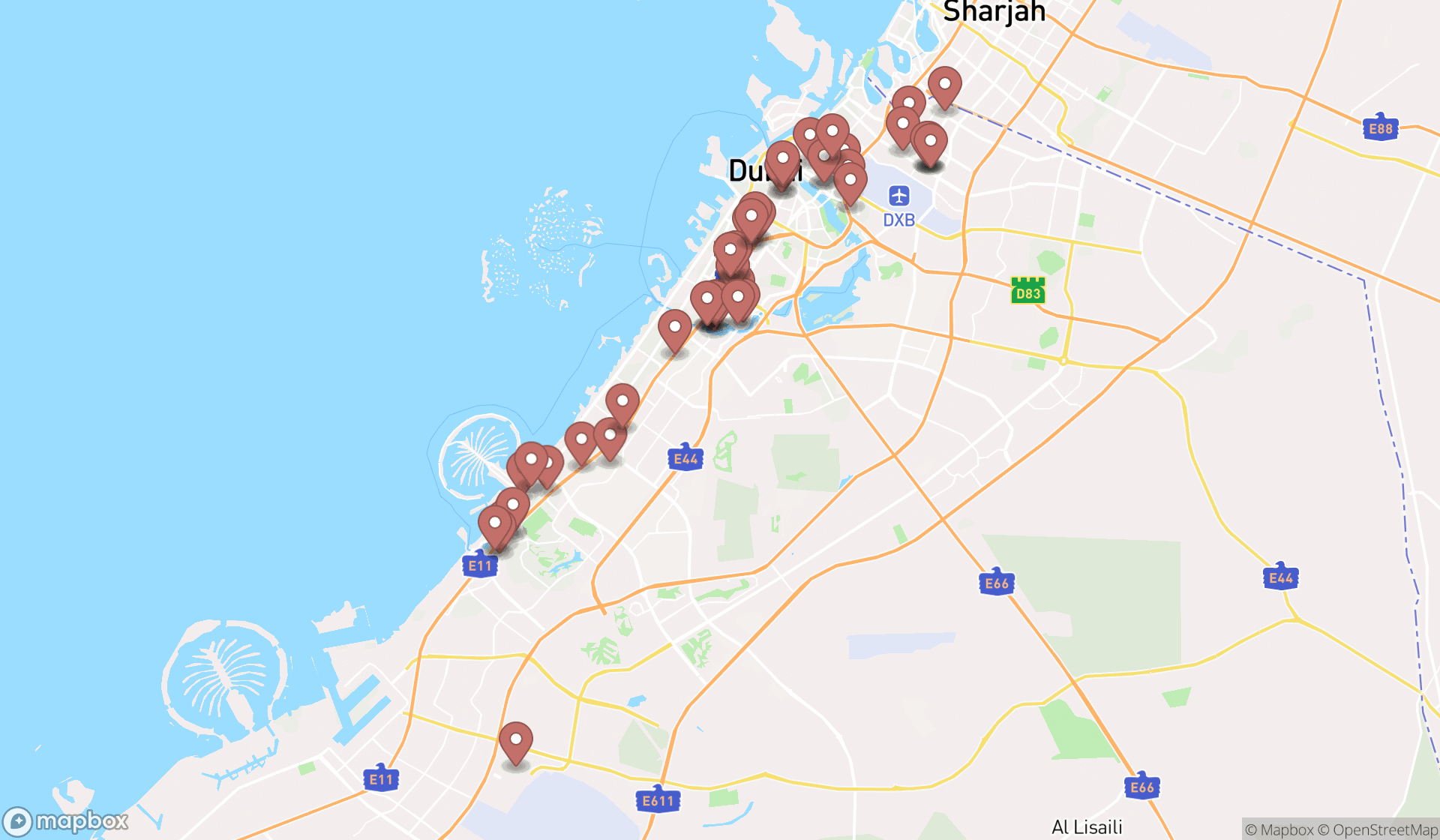 Map showing the search results in Dubai