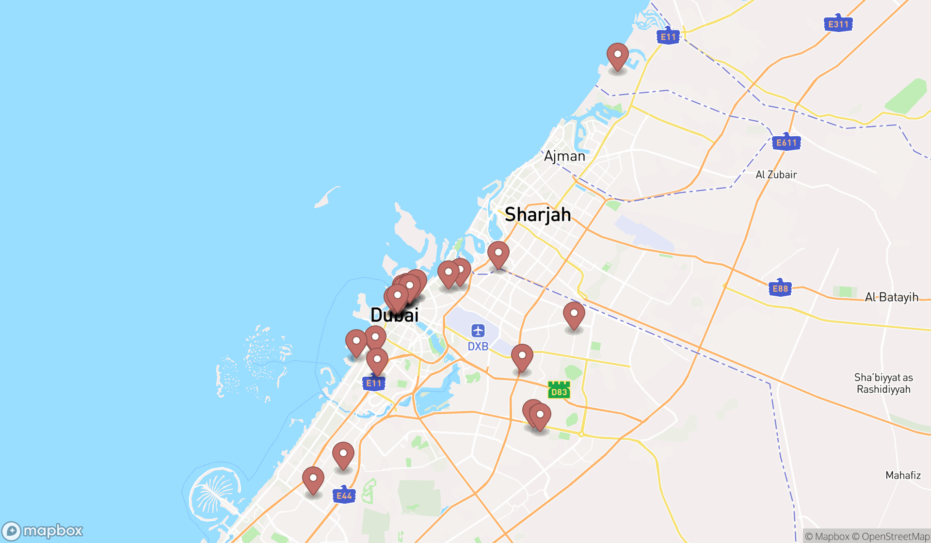Map showing the search results in Dubai