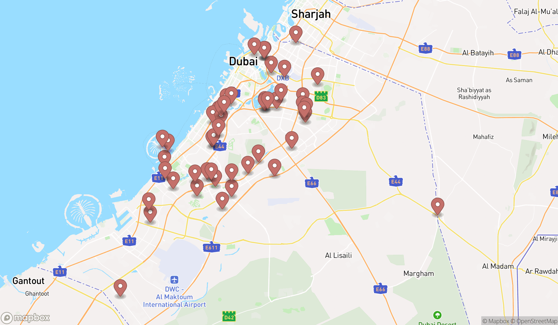 Map showing the search results in Dubai