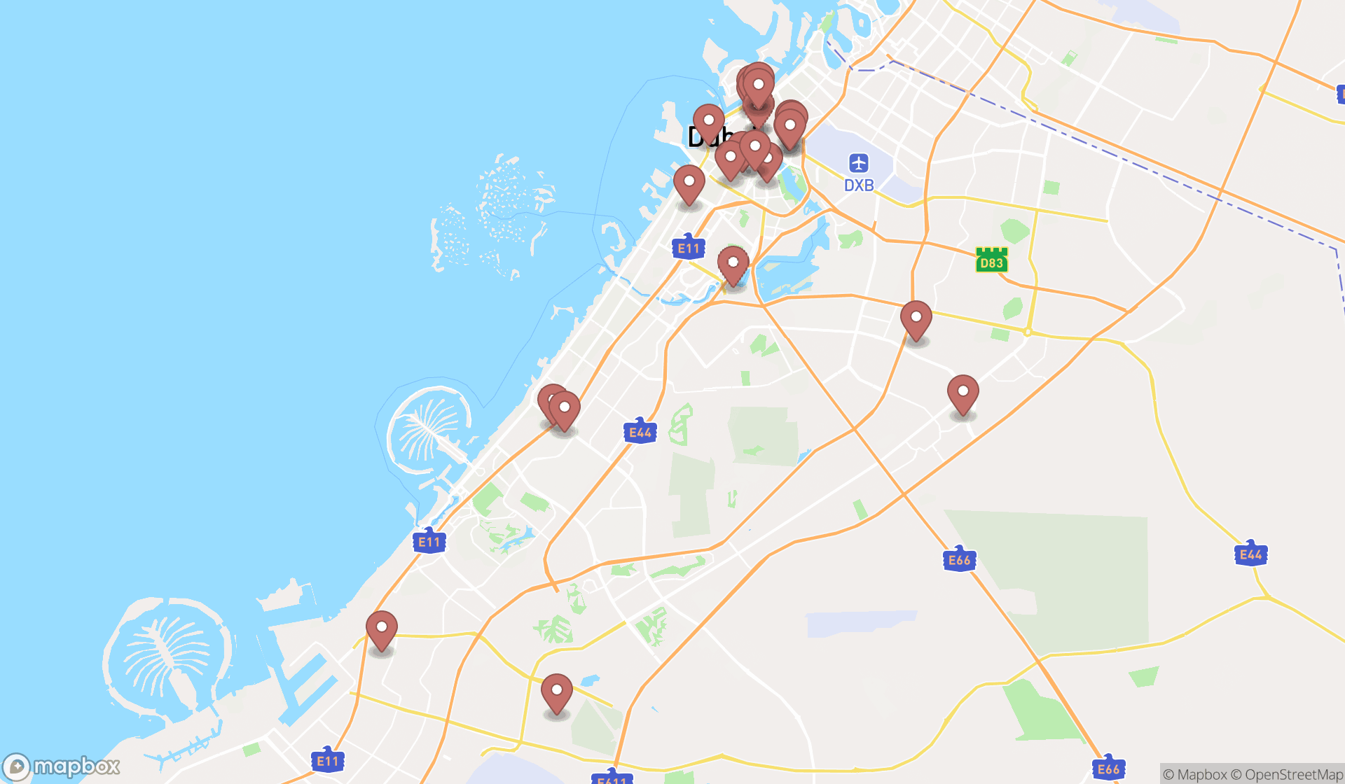Map showing the search results in Dubai