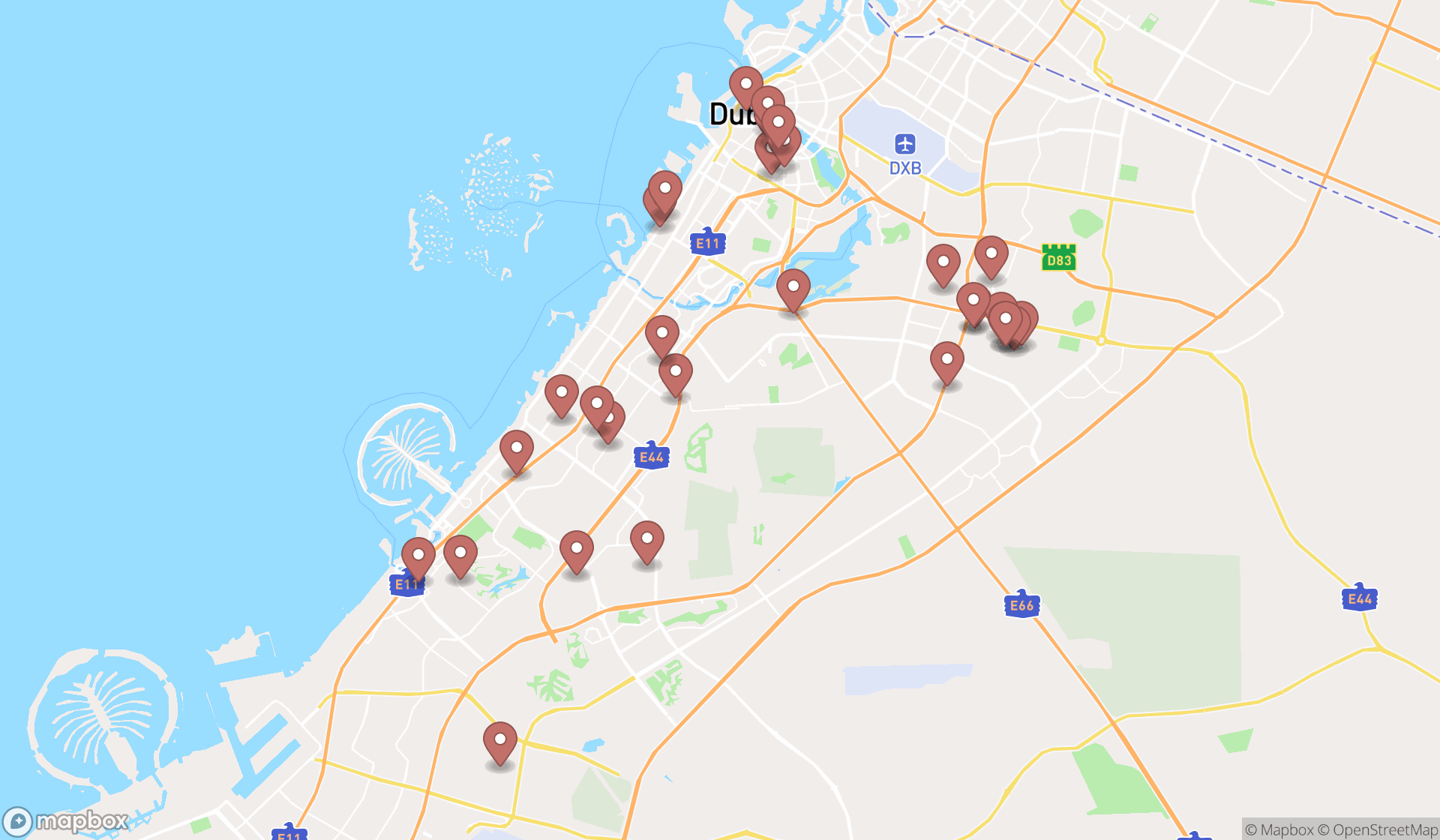 Map showing the search results in Dubai