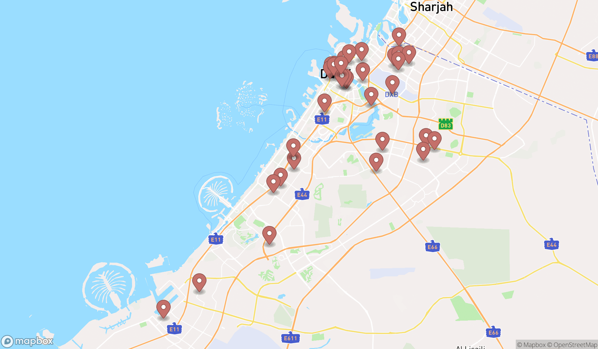 Map showing the search results in Dubai