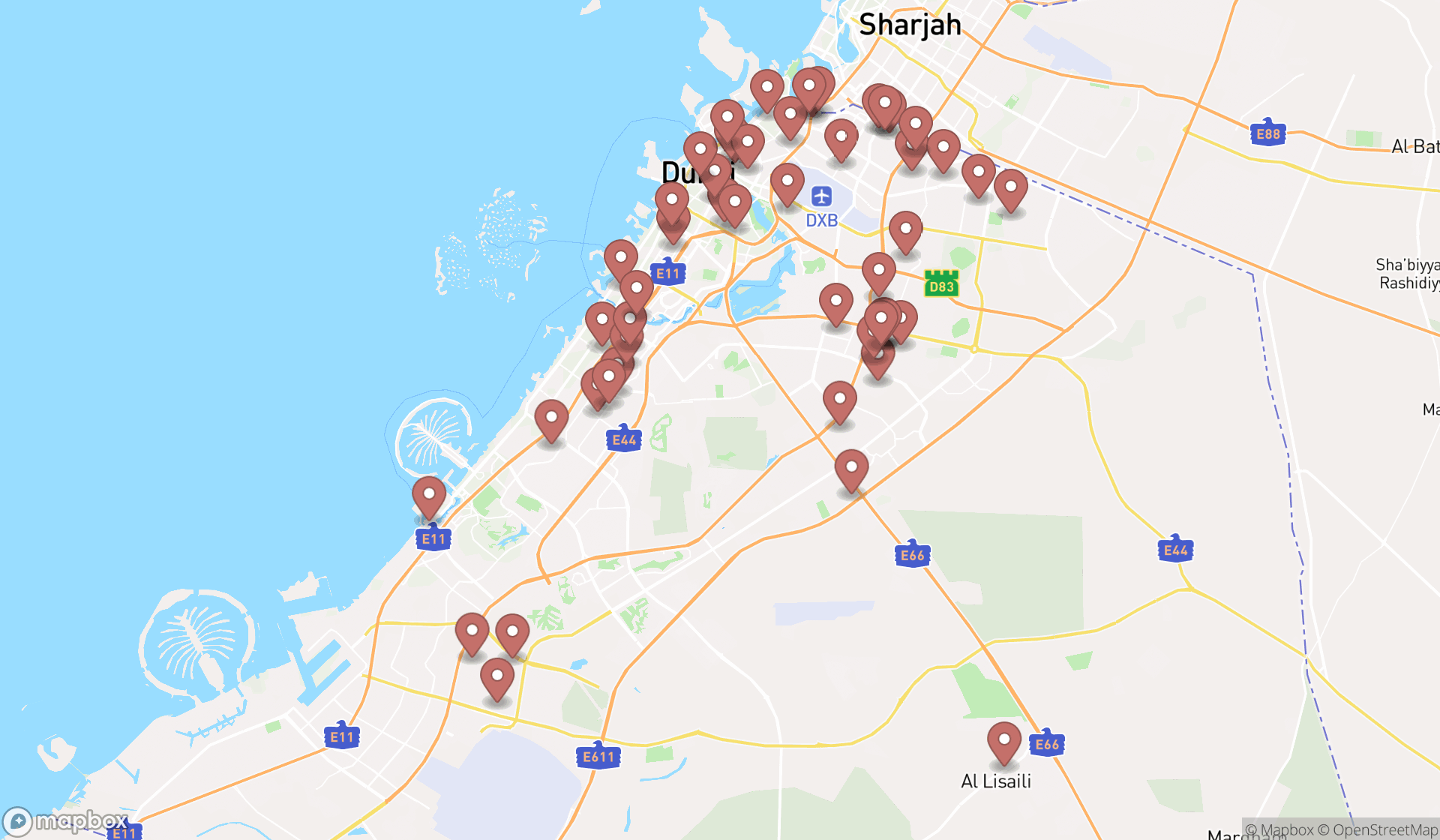 Map showing the search results in Dubai