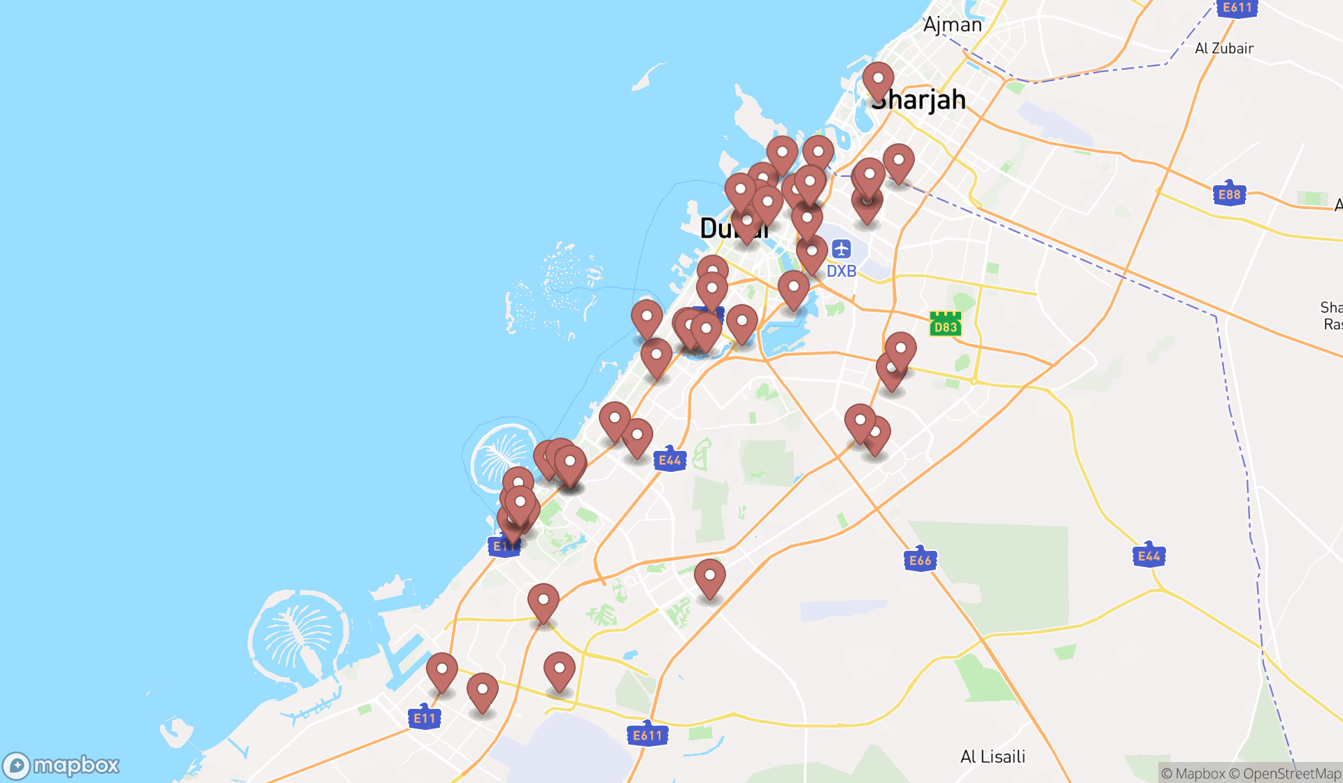 Map showing the search results in Dubai