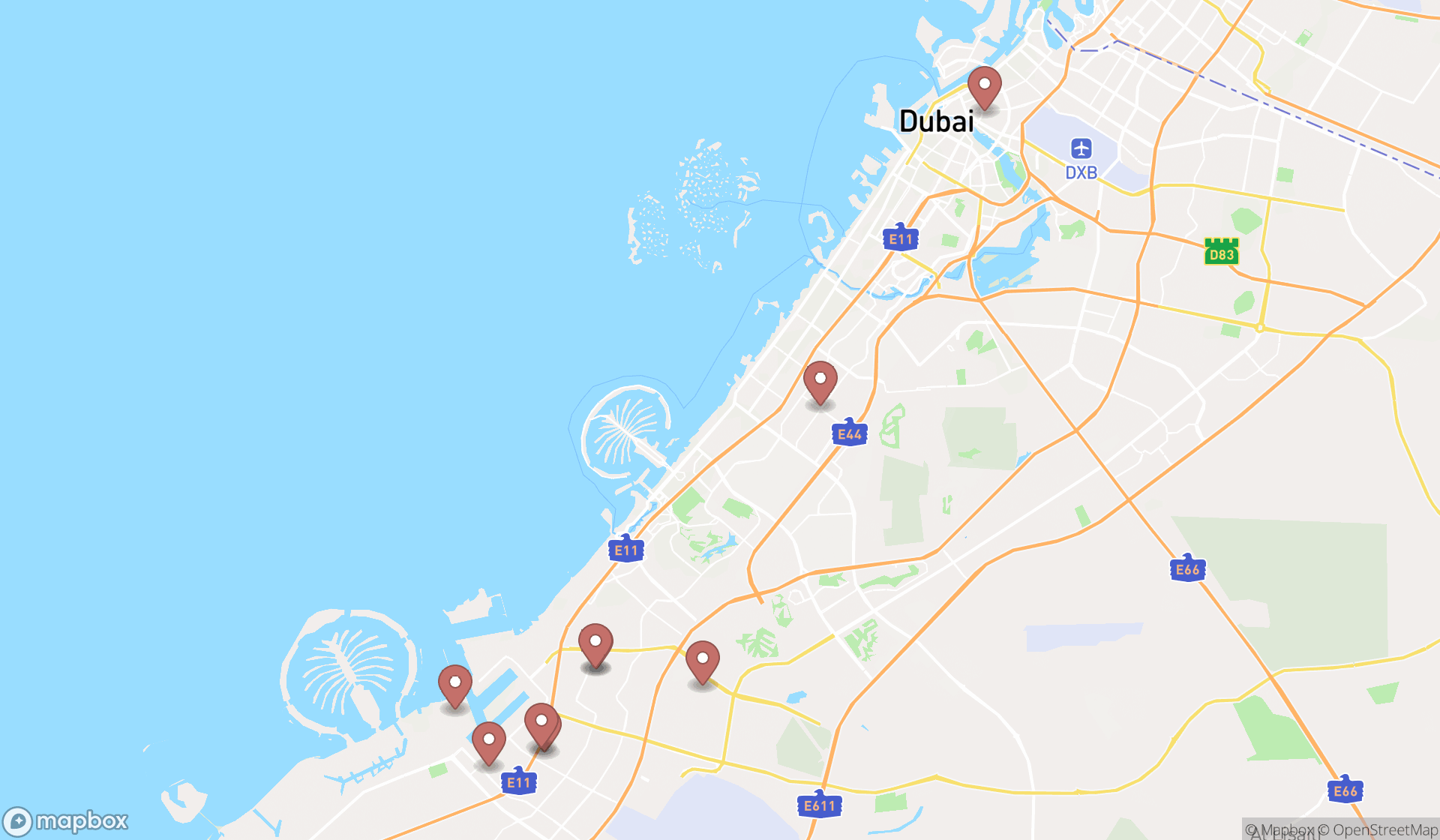 Map showing the search results in Dubai