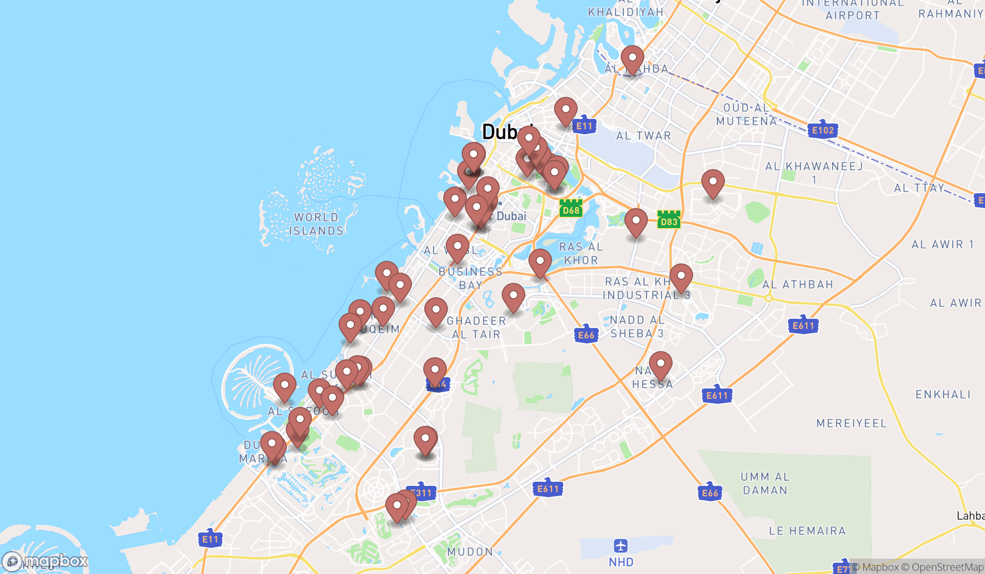 Map showing the search results in Dubai