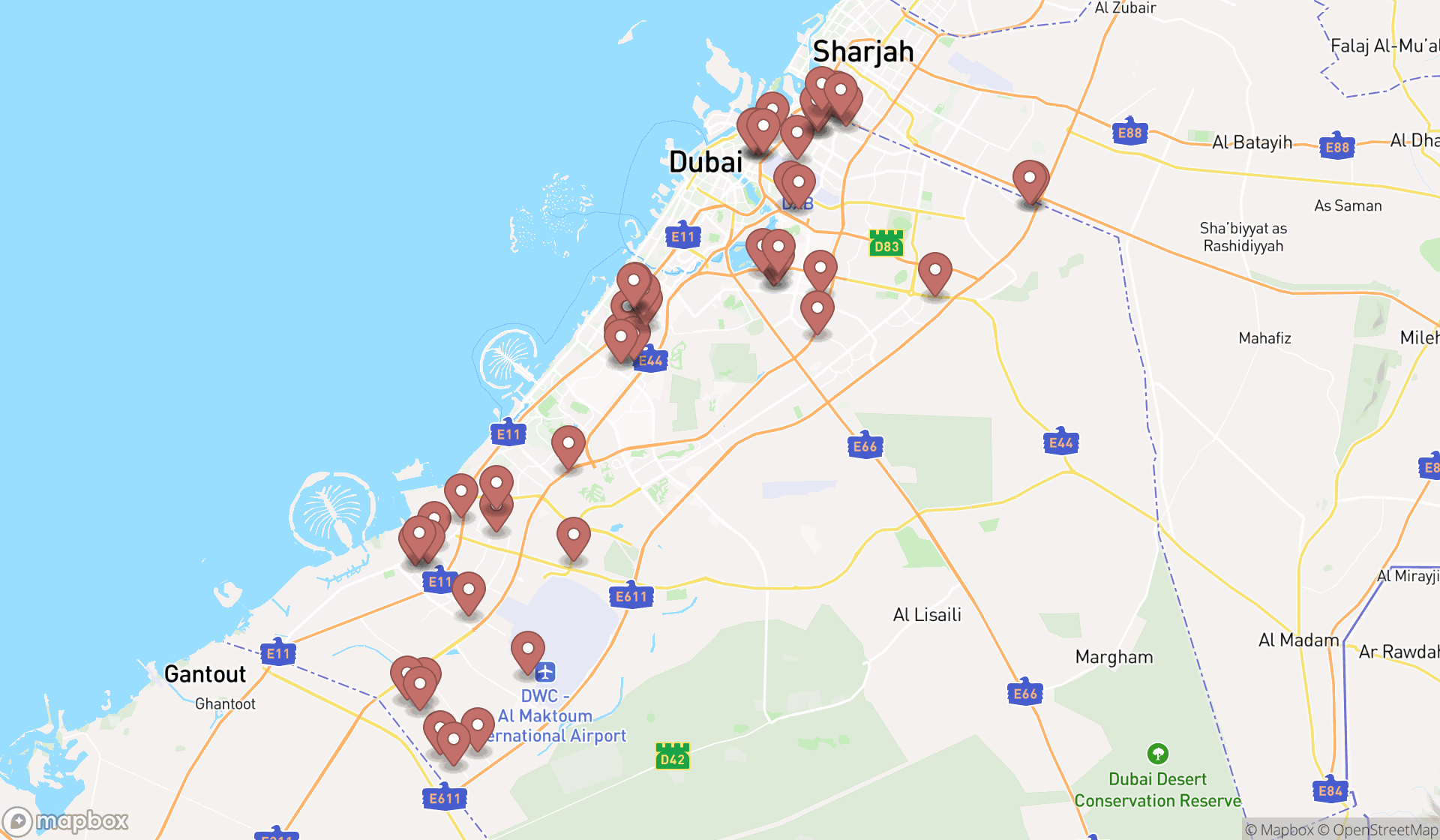 Map showing the search results in Dubai