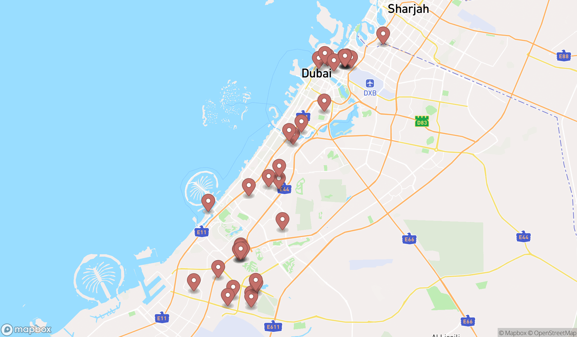 Map showing the search results in Dubai
