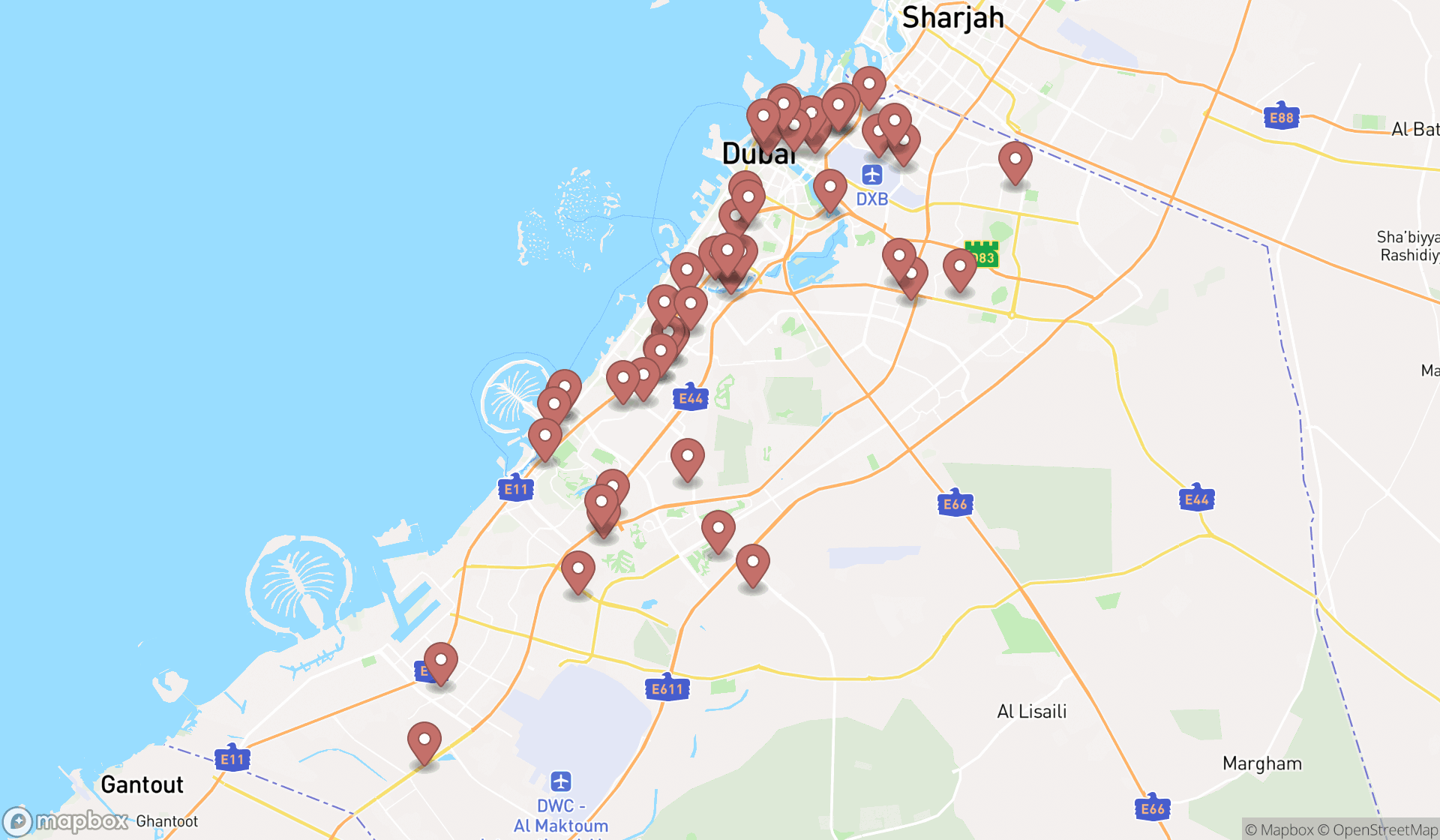 Map showing the search results in Dubai