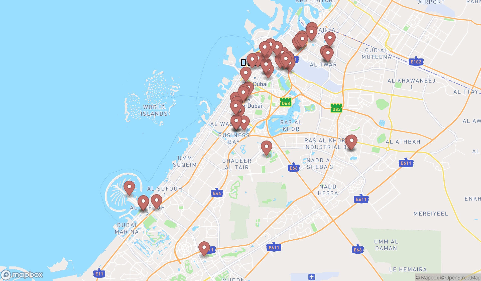 Map showing the search results in Dubai
