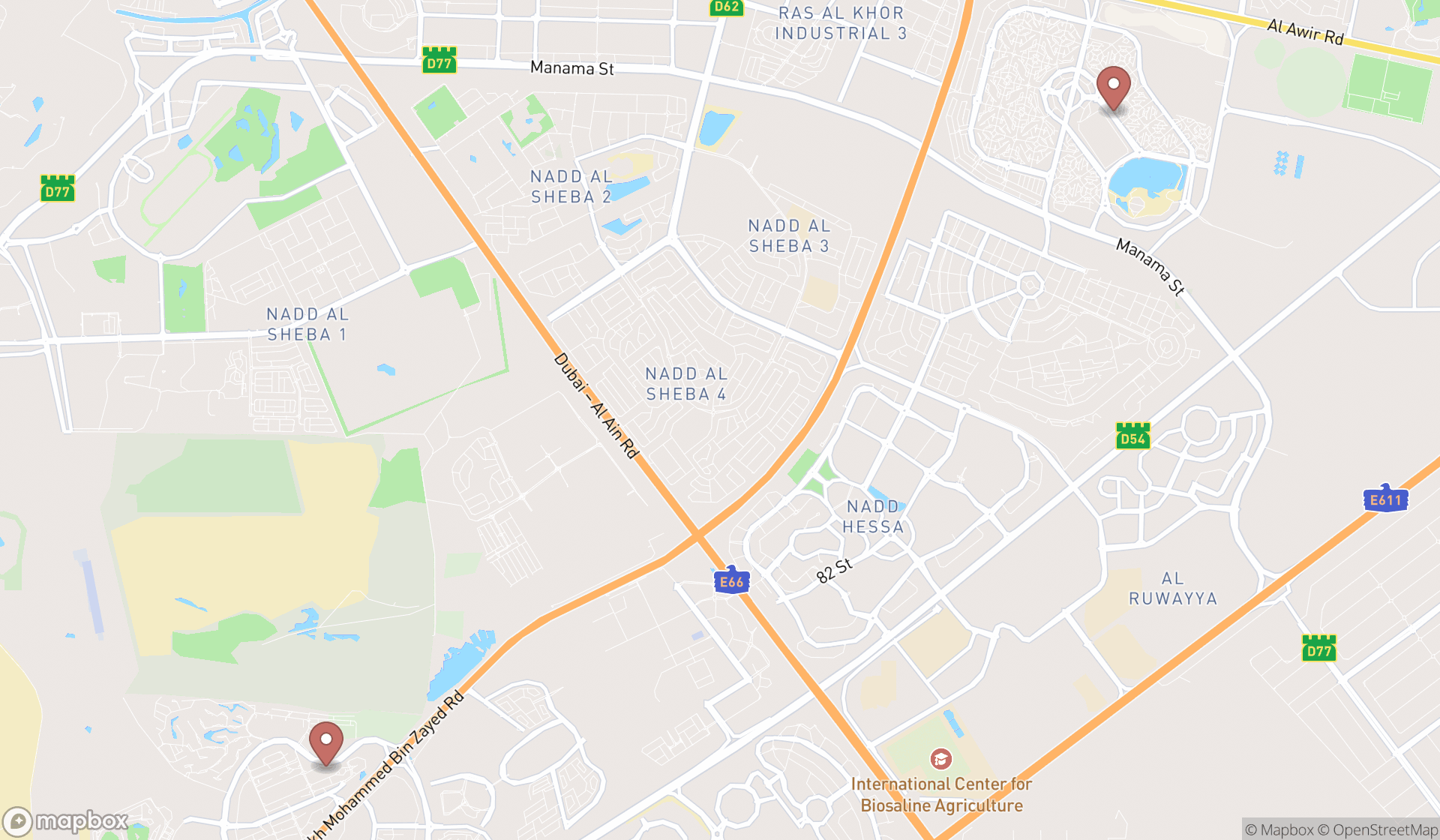 Map showing the search results in Dubai
