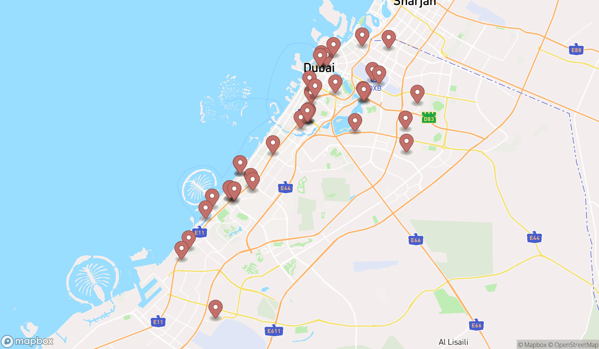 Map showing the search results in Dubai