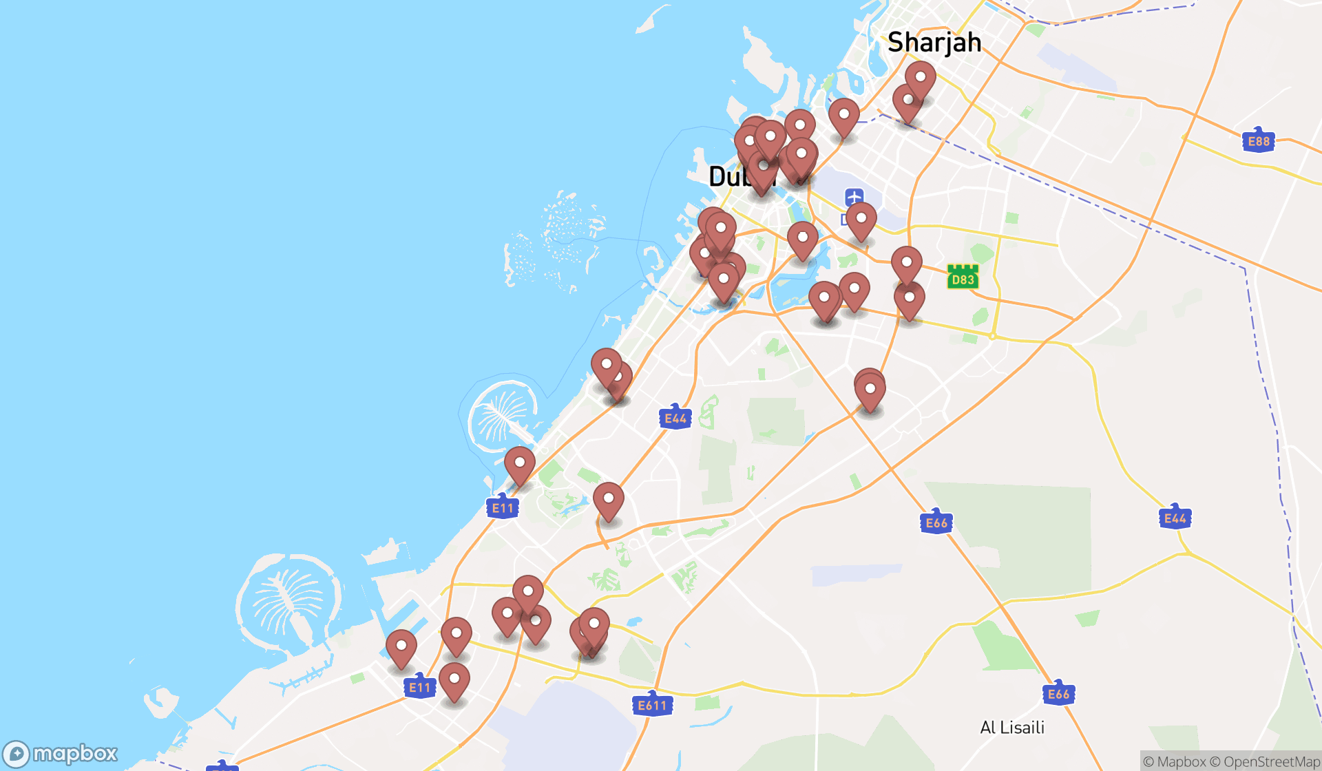 Map showing the search results in Dubai