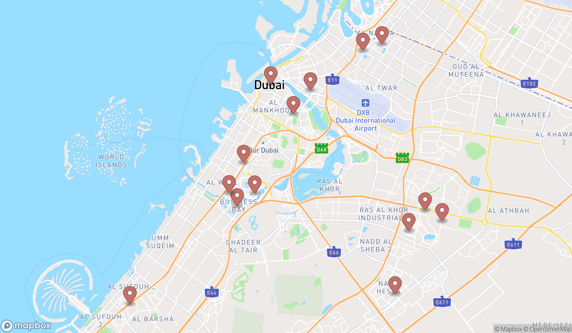 Map showing the search results in Dubai