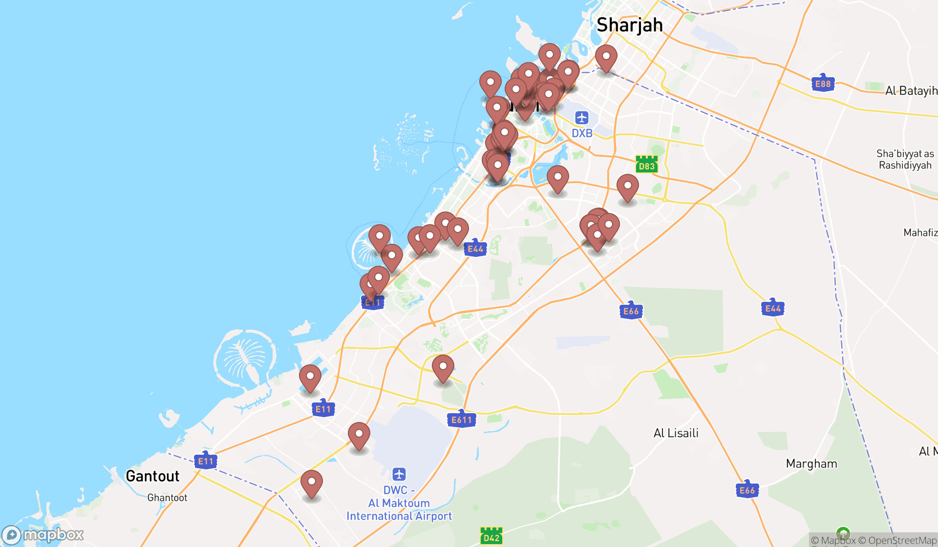 Map showing the search results in Dubai