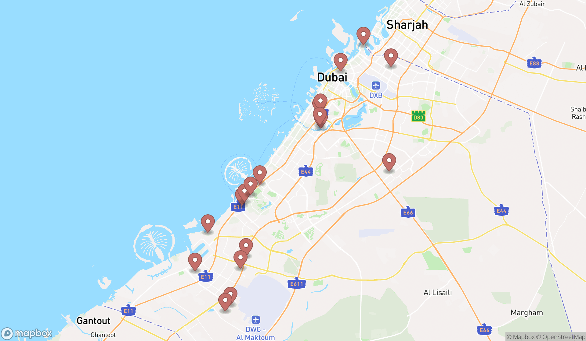 Map showing the search results in Dubai