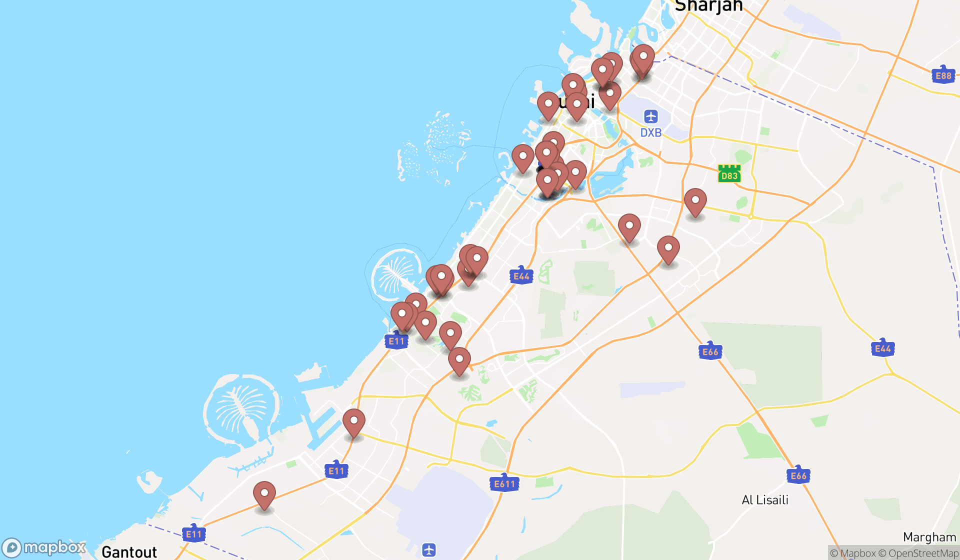 Map showing the search results in Dubai