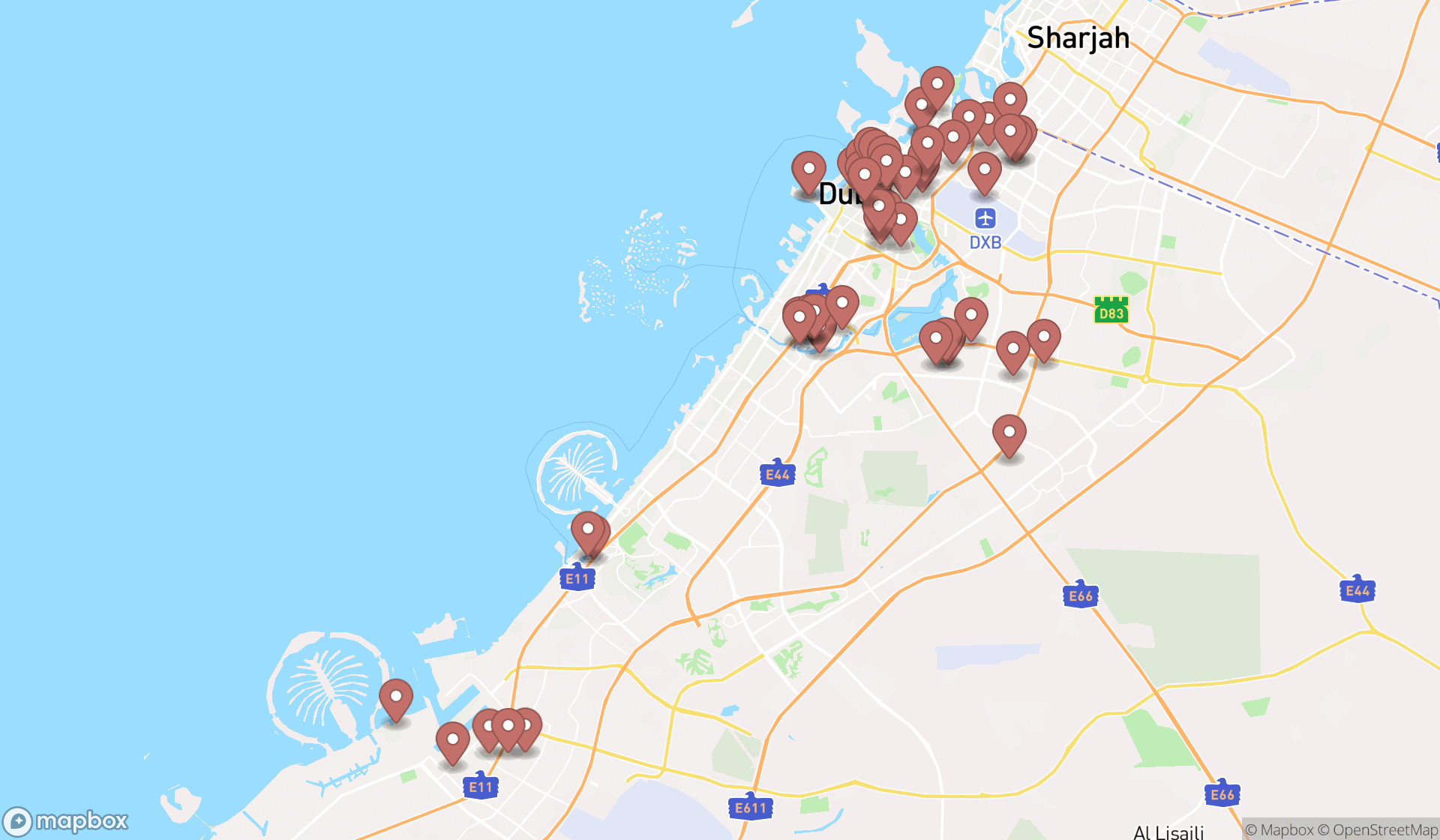 Map showing the search results in Dubai