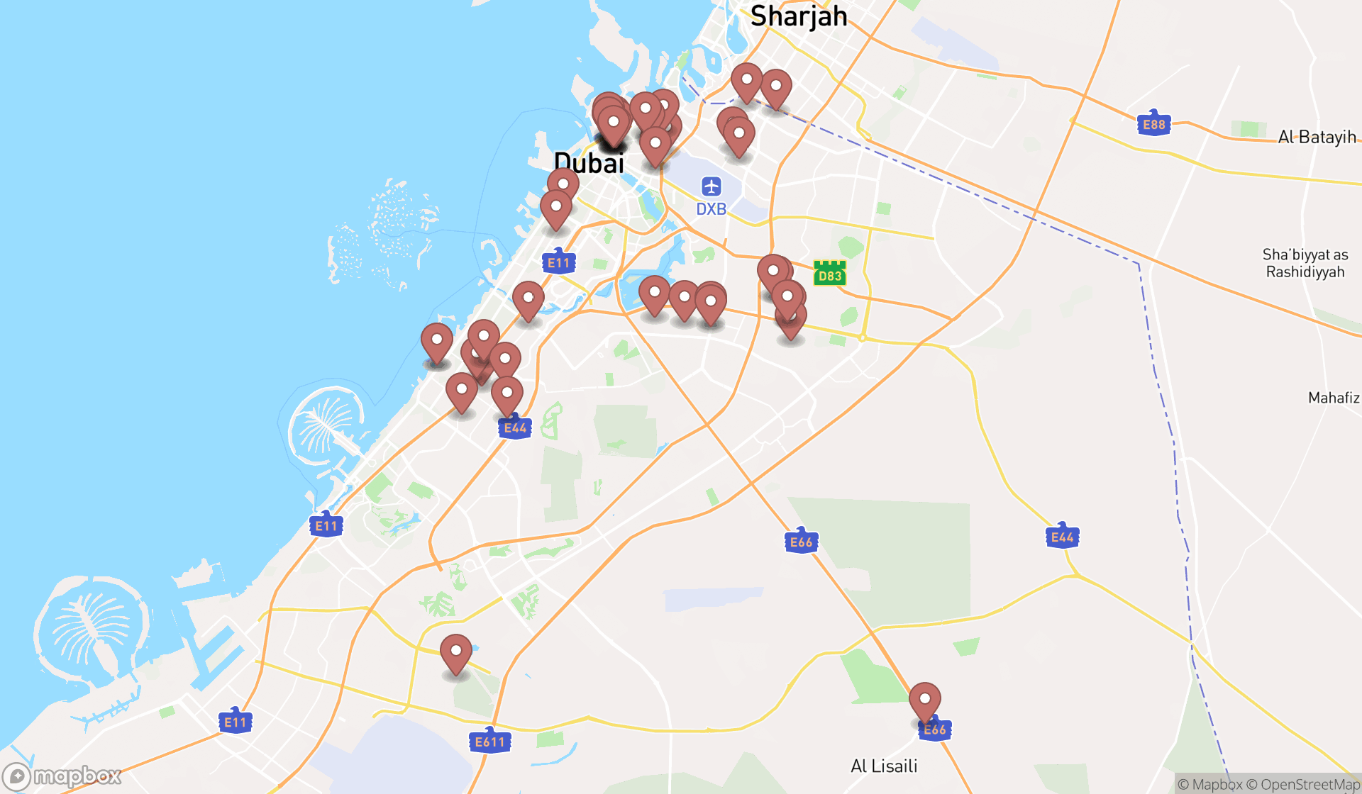 Map showing the search results in Dubai