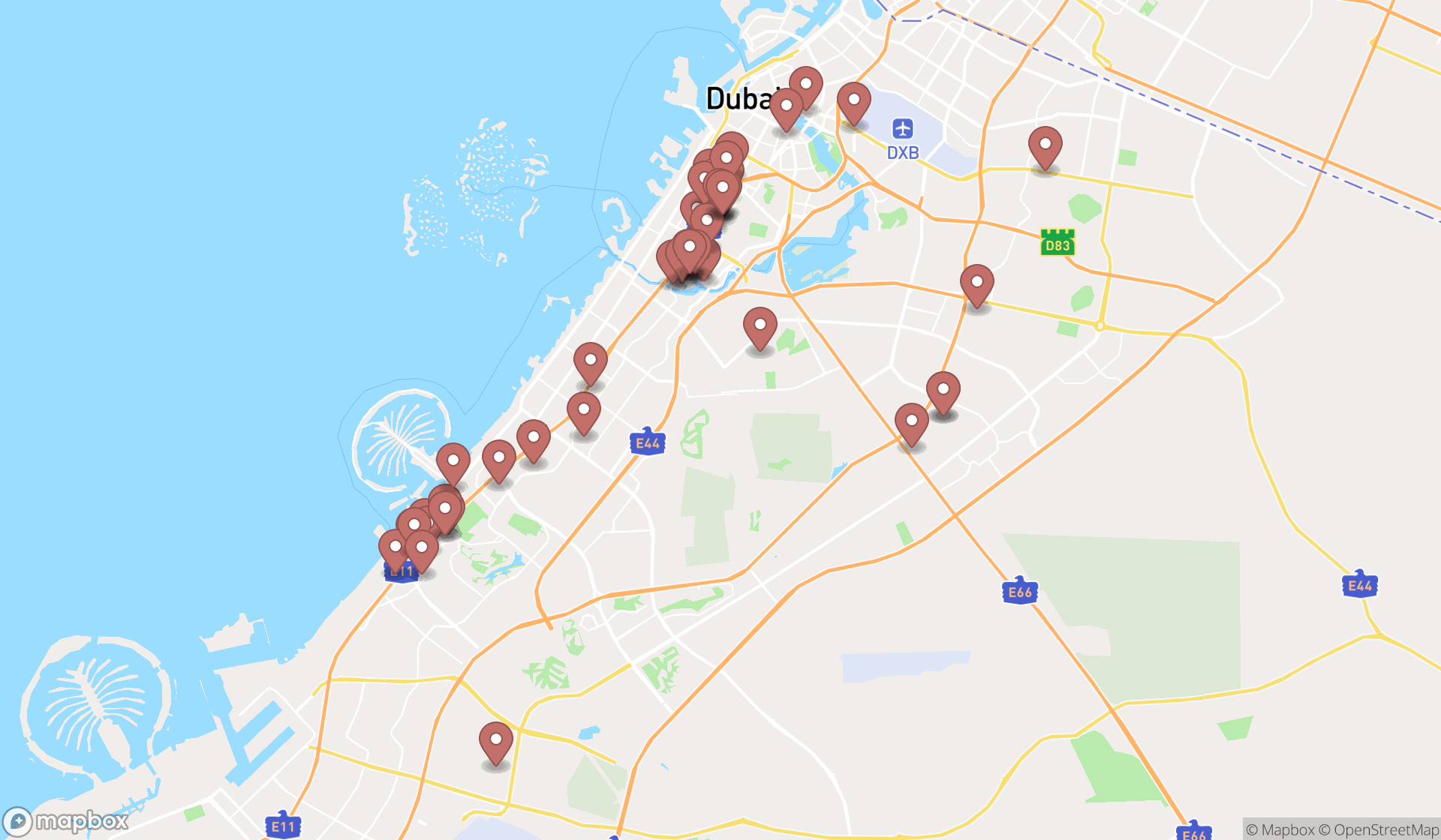 Map showing the search results in Dubai