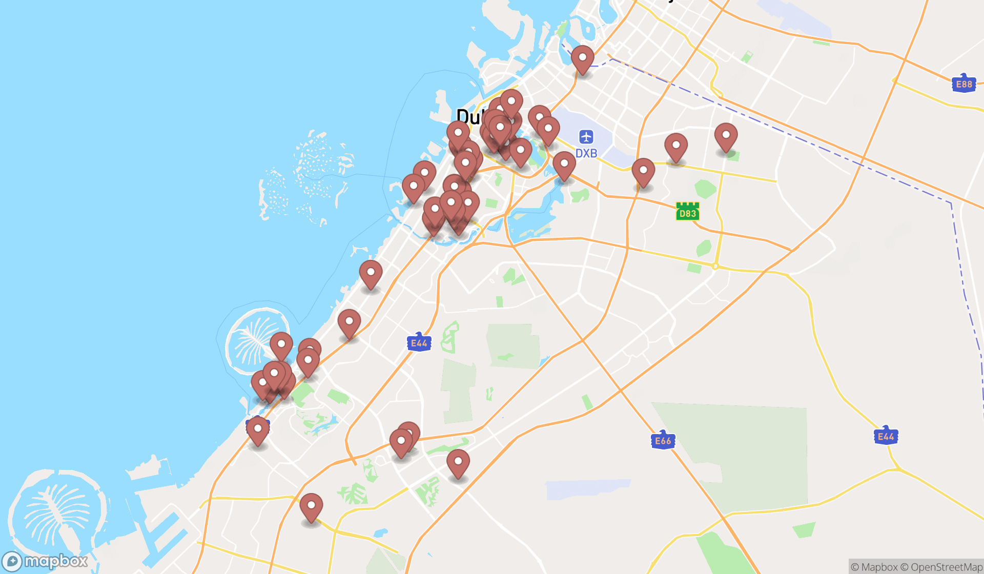 Map showing the search results in Dubai