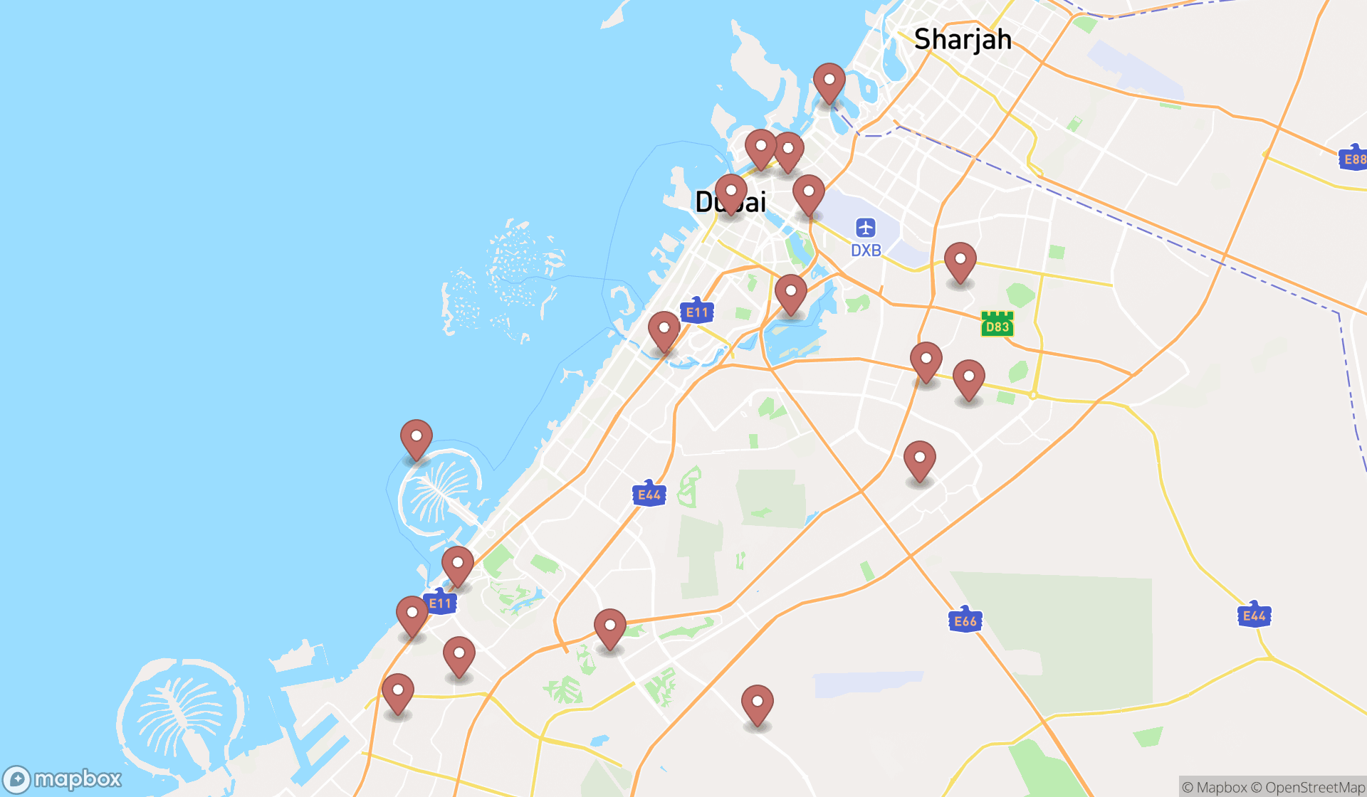 Map showing the search results in Dubai