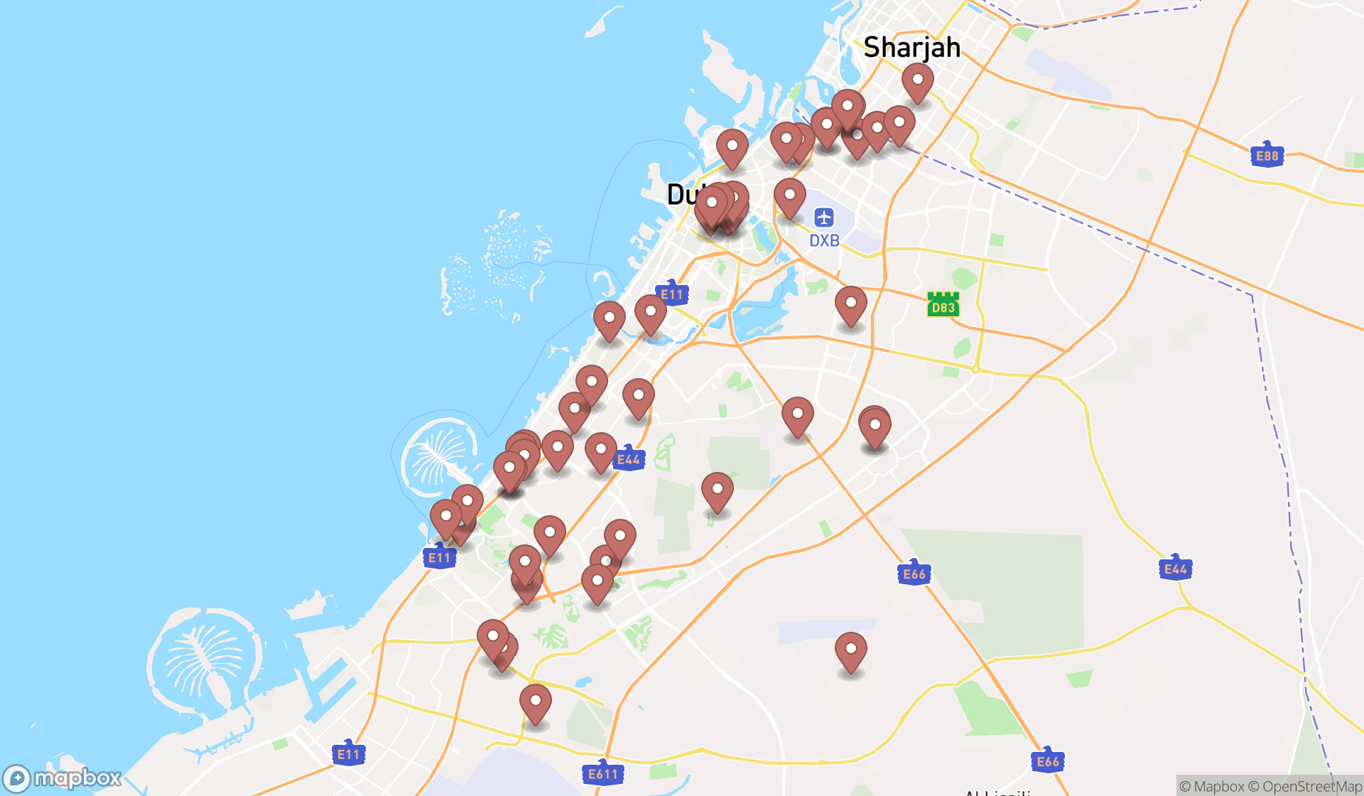 Map showing the search results in Dubai