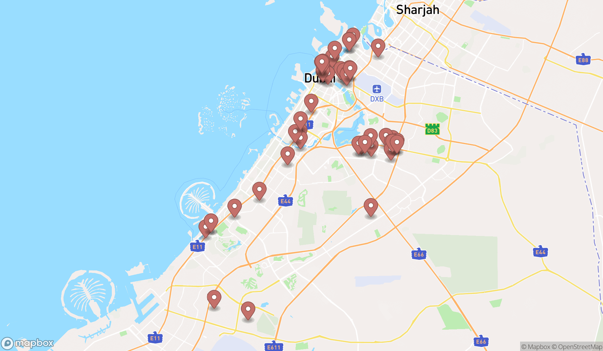 Map showing the search results in Dubai