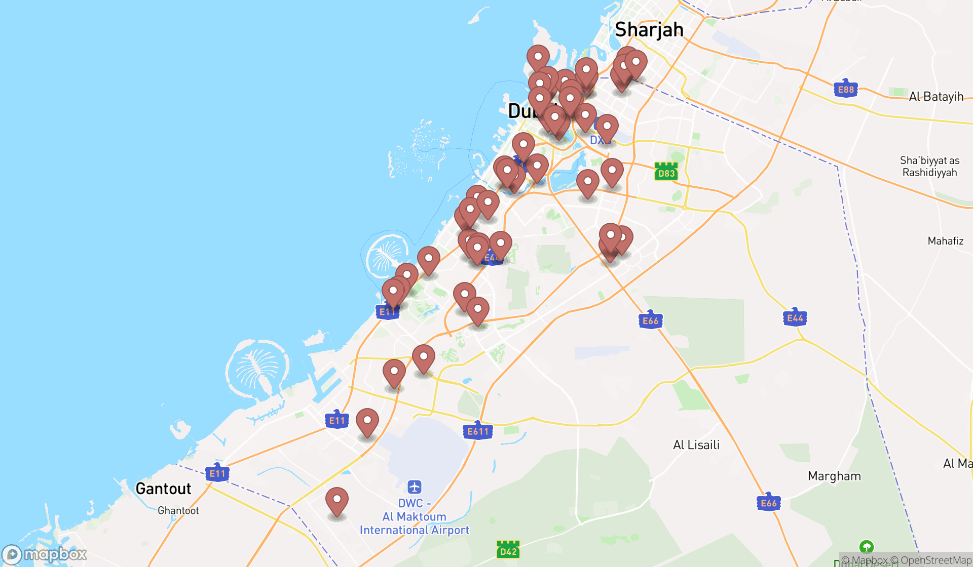 Map showing the search results in Dubai