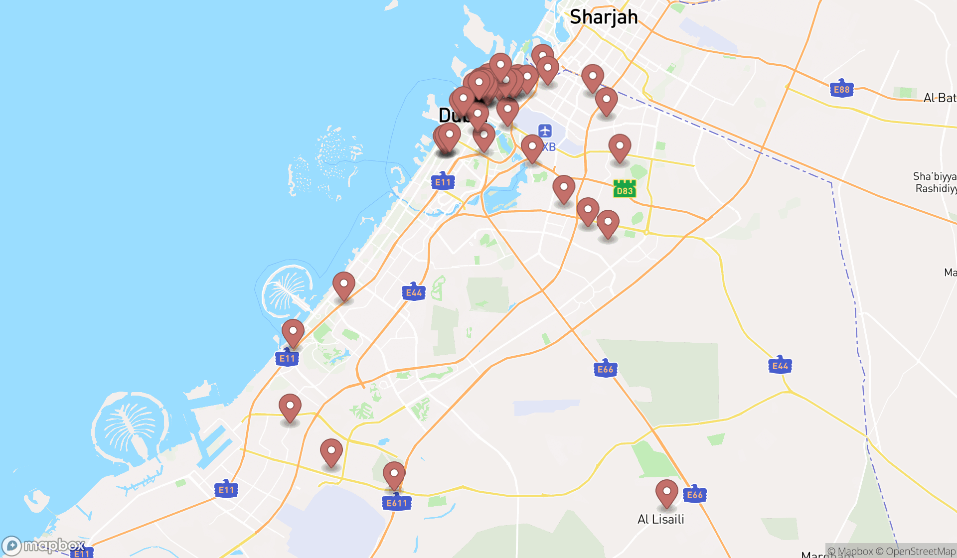 Map showing the search results in Dubai