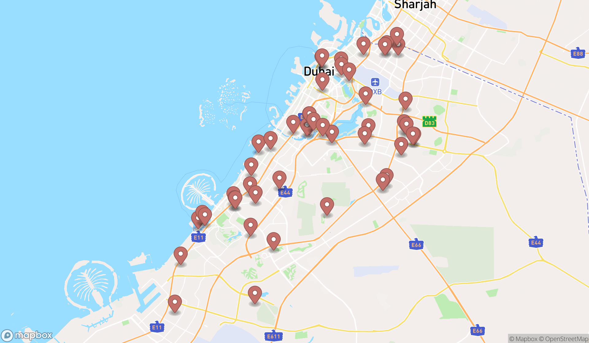 Map showing the search results in Dubai