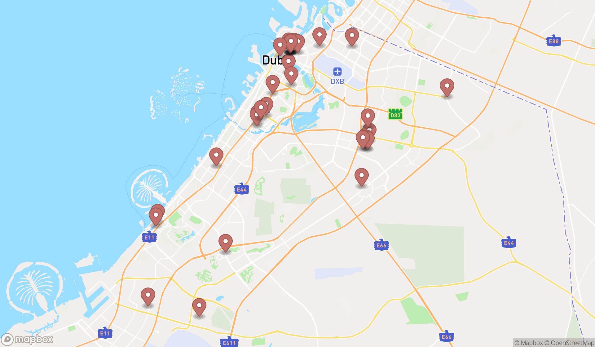 Map showing the search results in Dubai