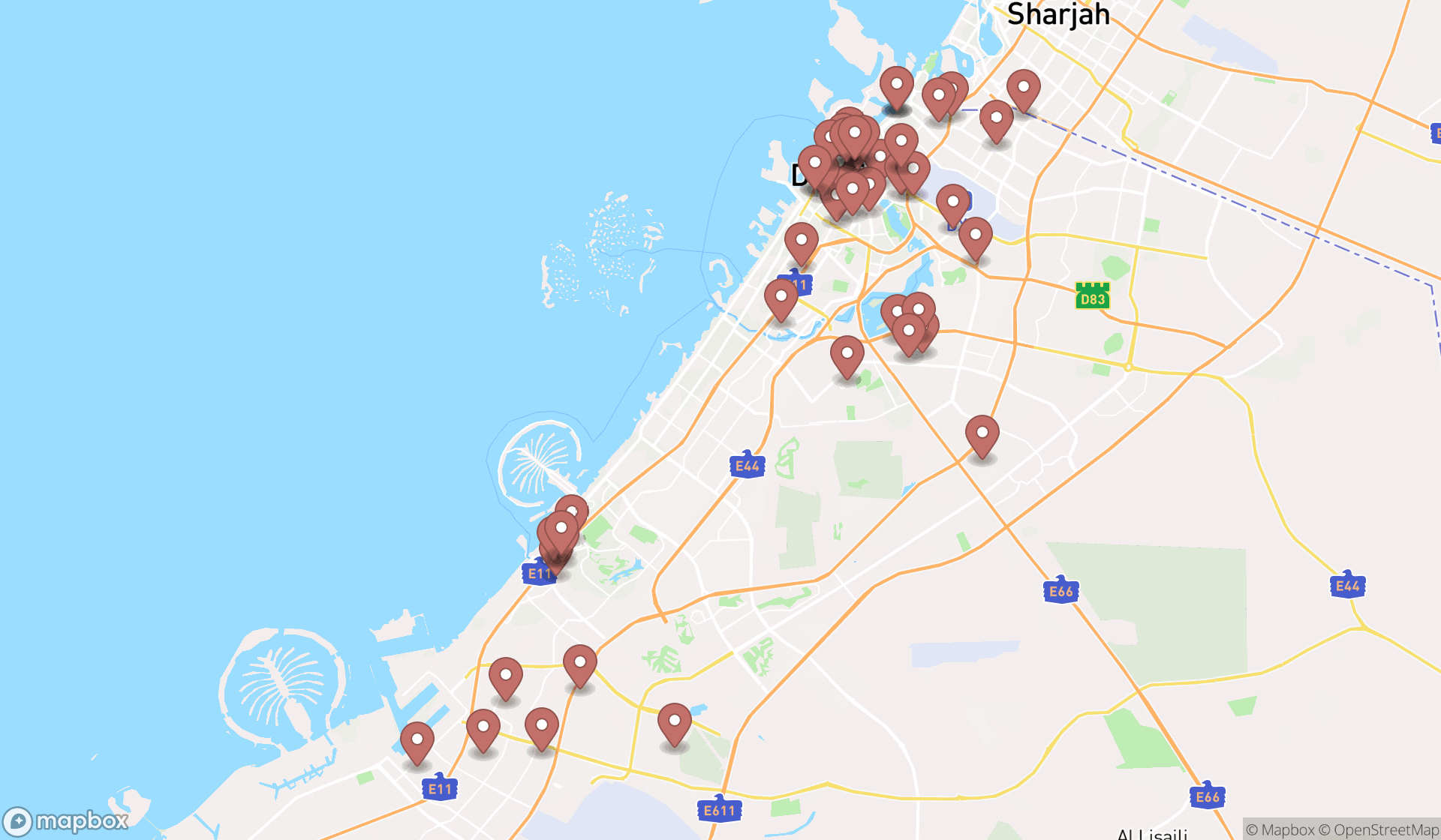 Map showing the search results in Dubai
