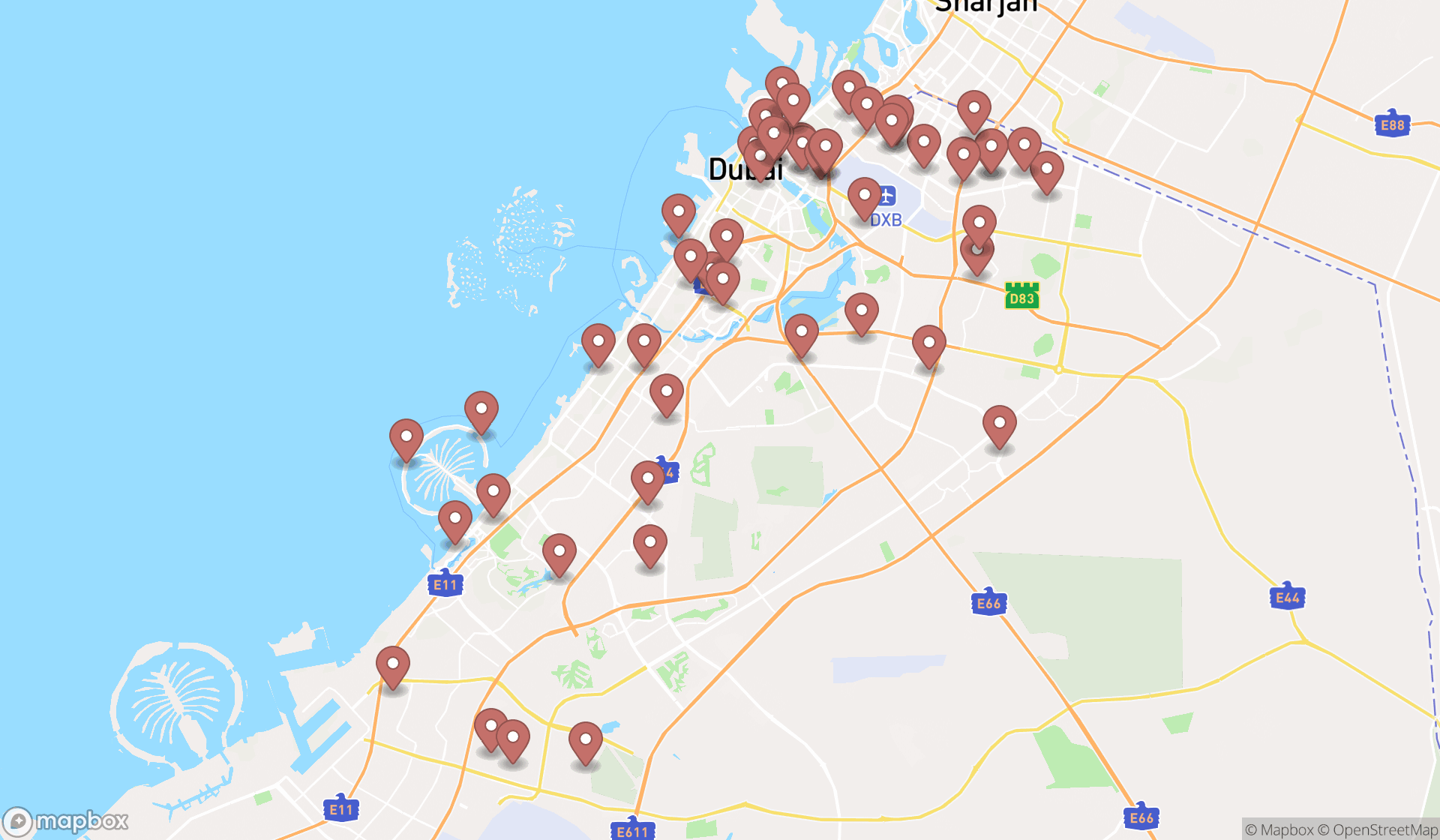 Map showing the search results in Dubai