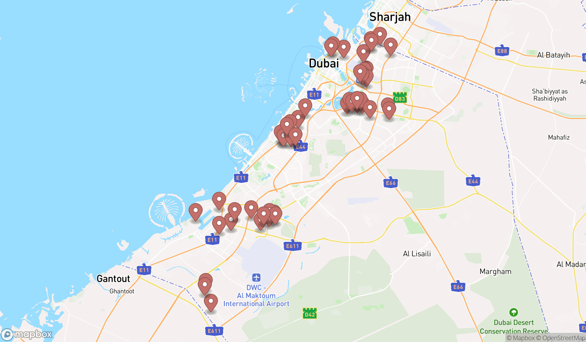 Map showing the search results in Dubai