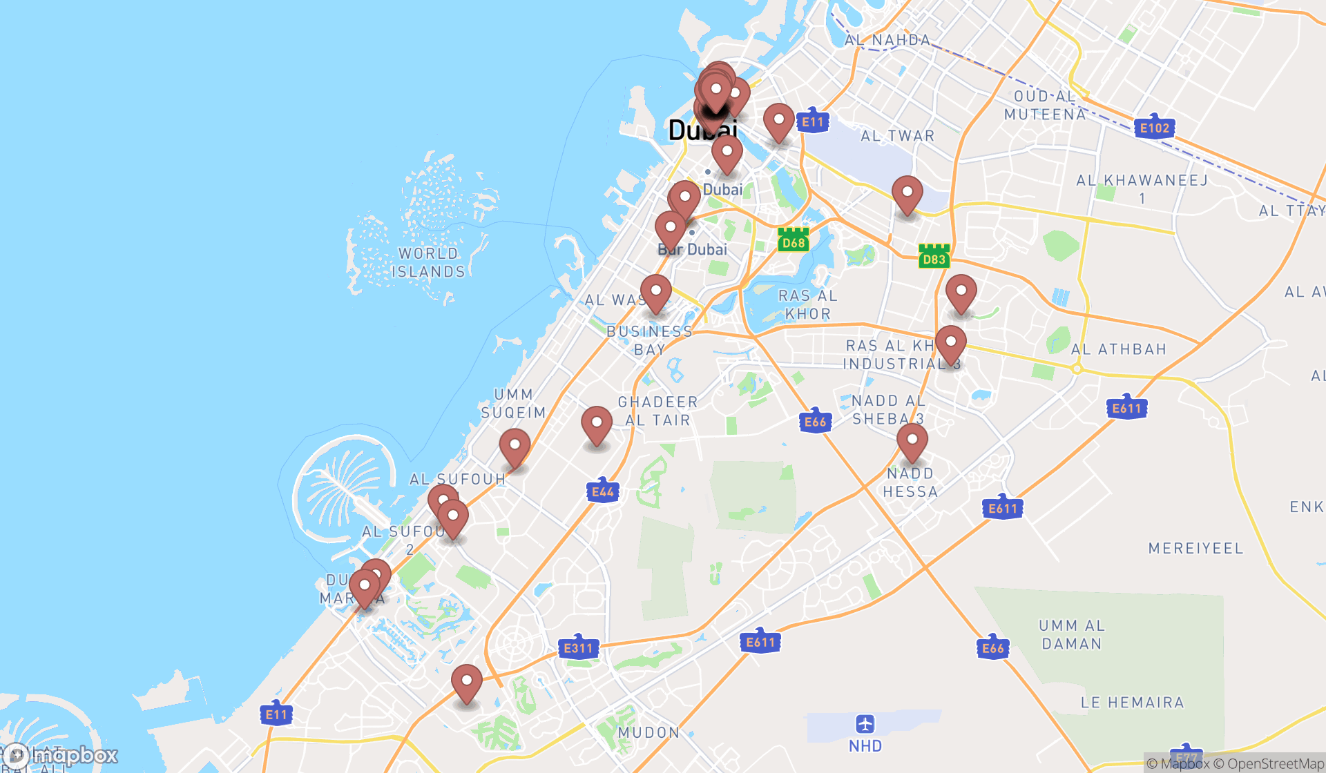 Map showing the search results in Dubai