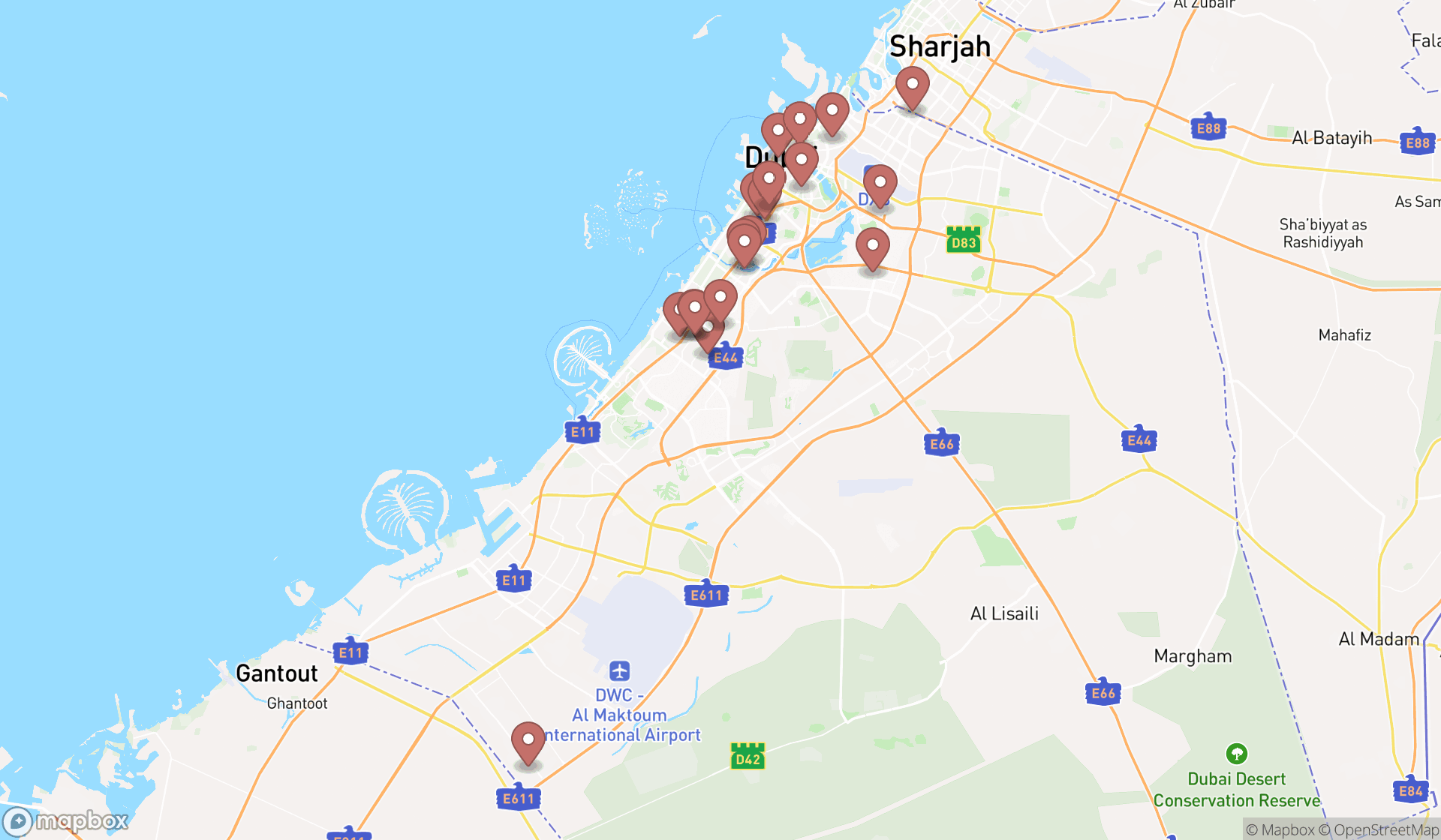 Map showing the search results in Dubai