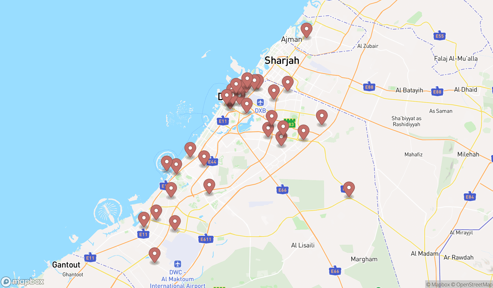 Map showing the search results in Dubai