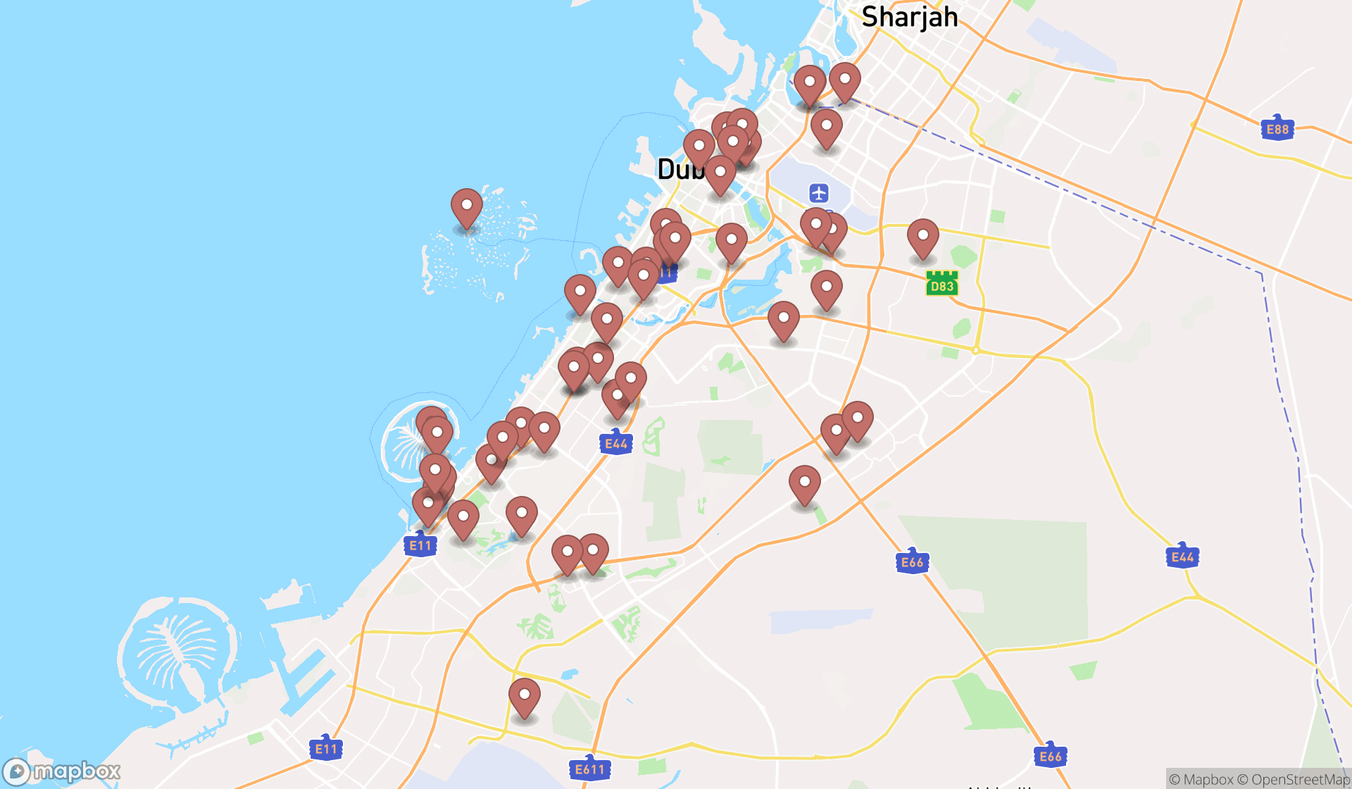 Map showing the search results in Dubai