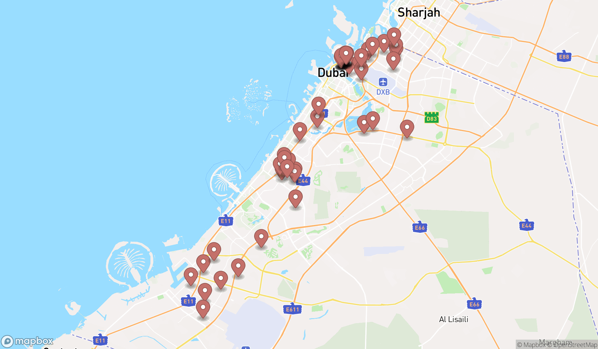 Map showing the search results in Dubai