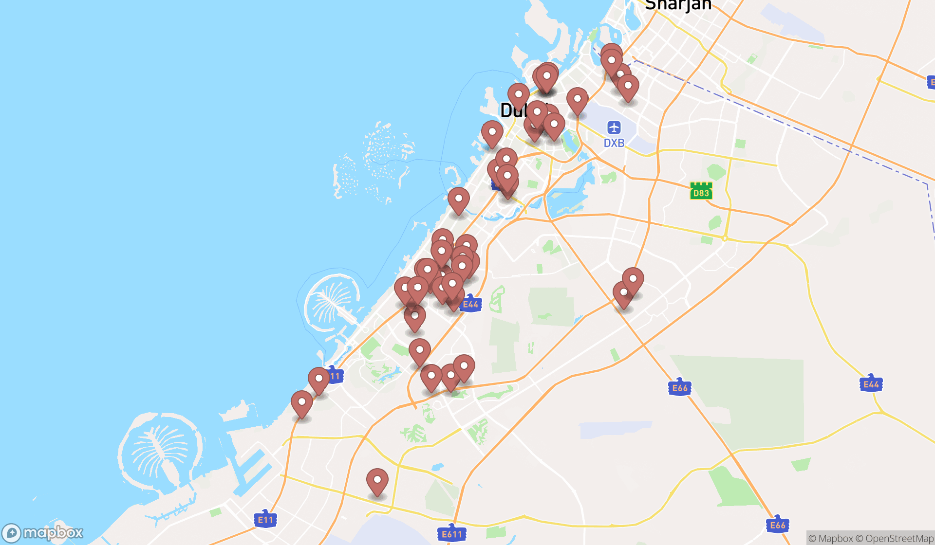 Map showing the search results in Dubai