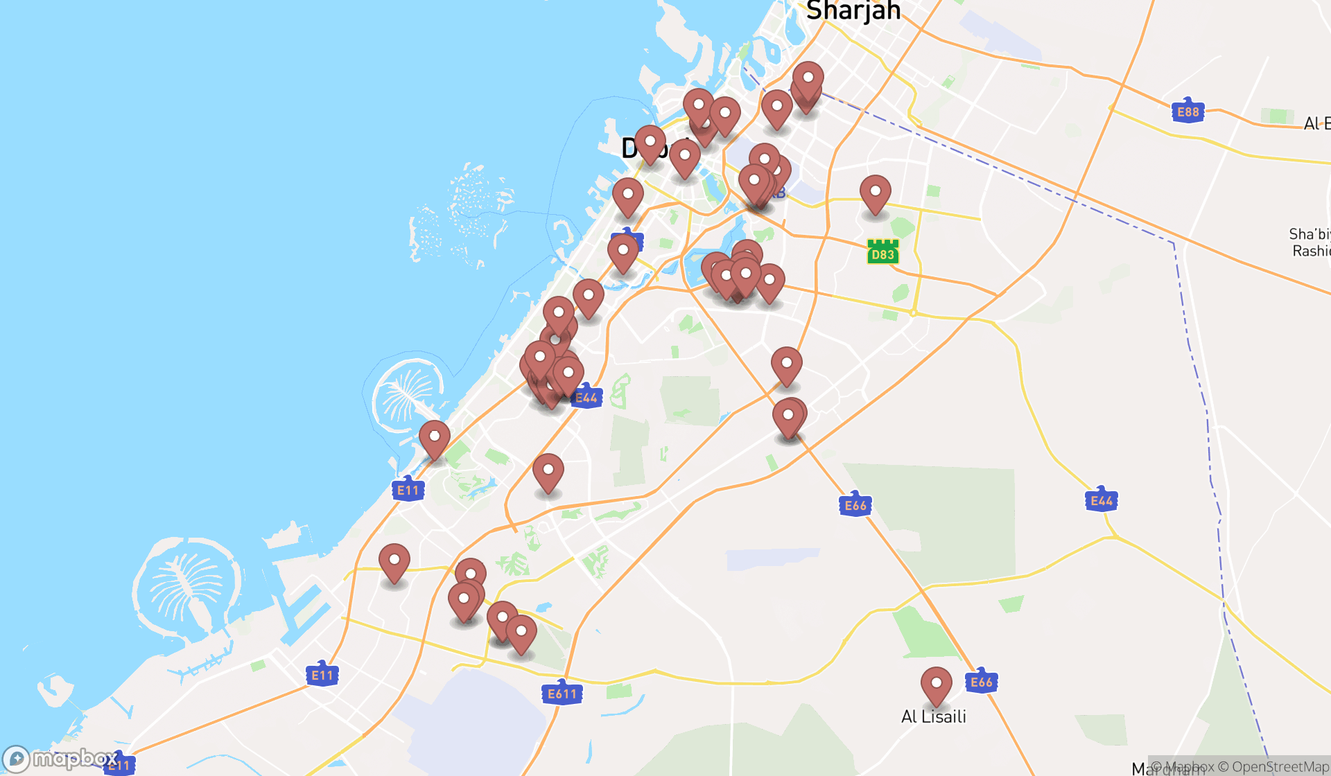 Map showing the search results in Dubai