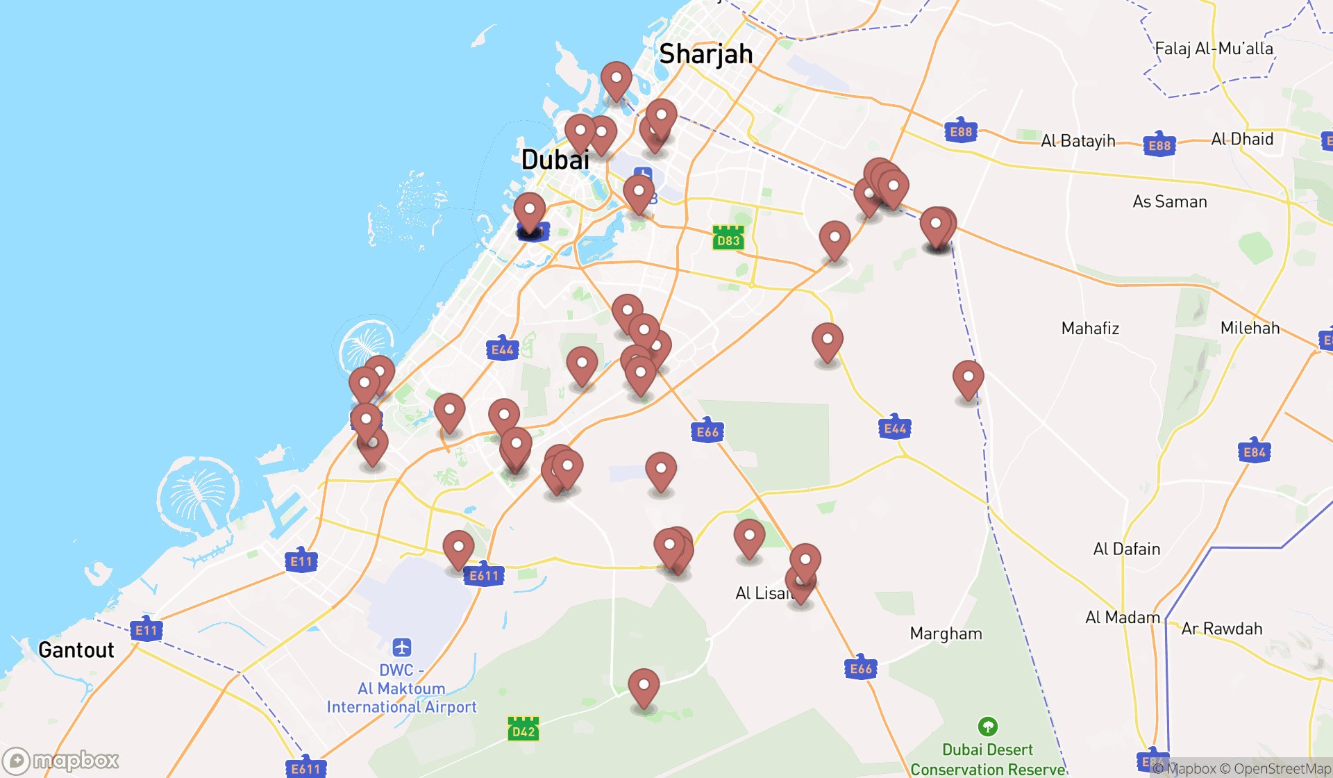 Map showing the search results in Dubai