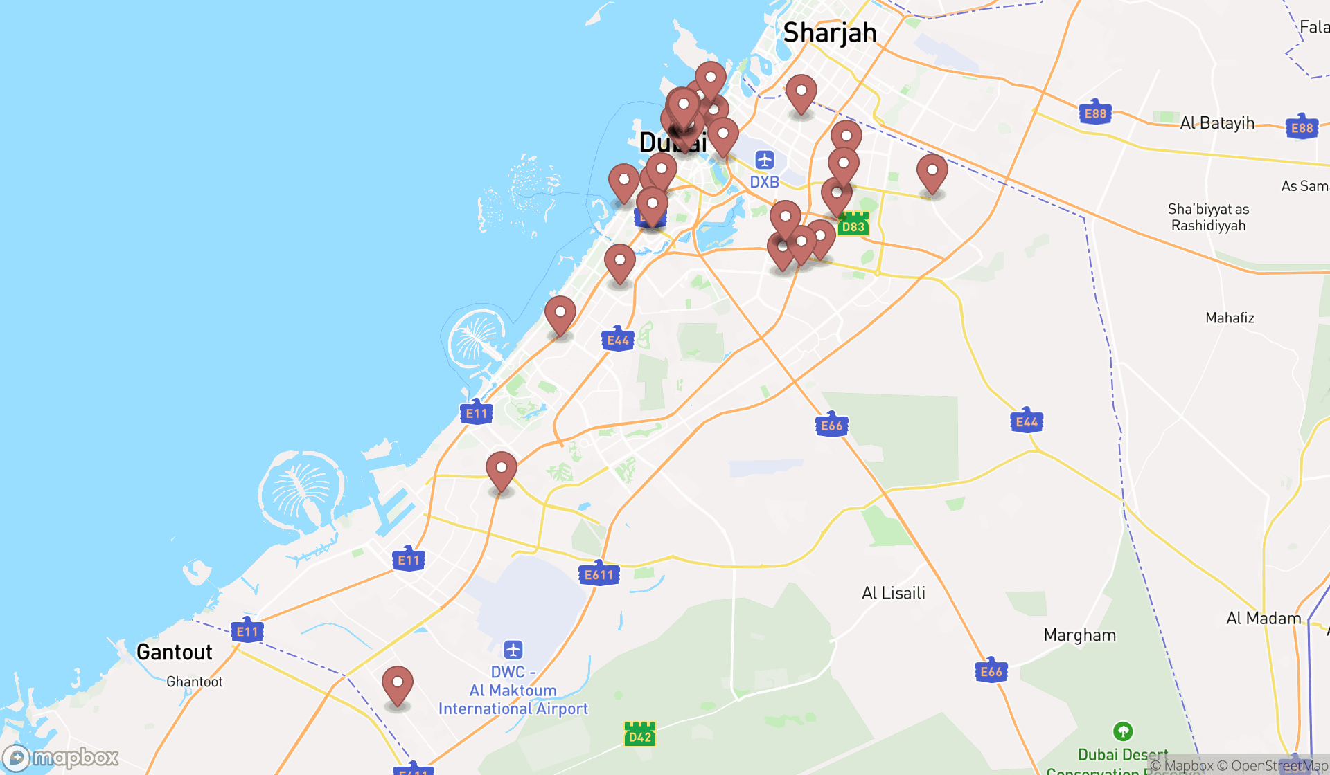 Map showing the search results in Dubai