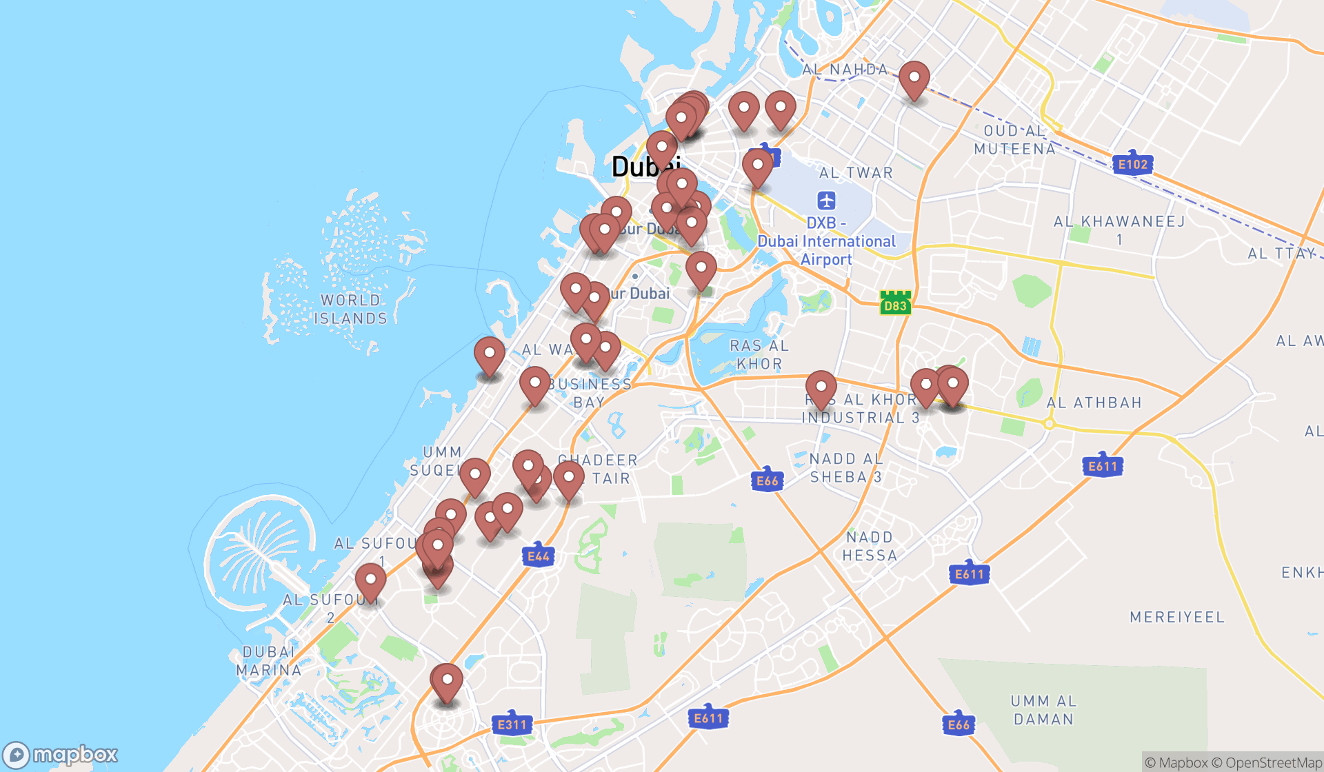 Map showing the search results in Dubai