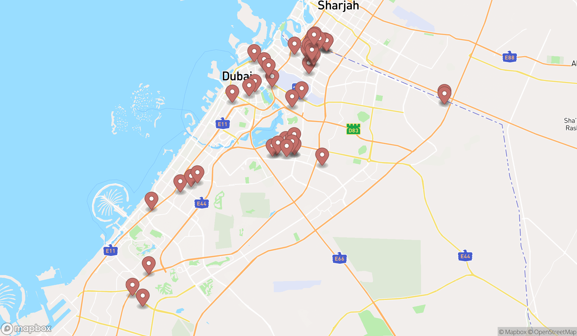 Map showing the search results in Dubai