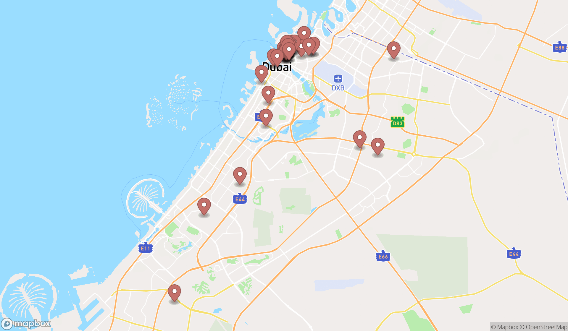 Map showing the search results in Dubai