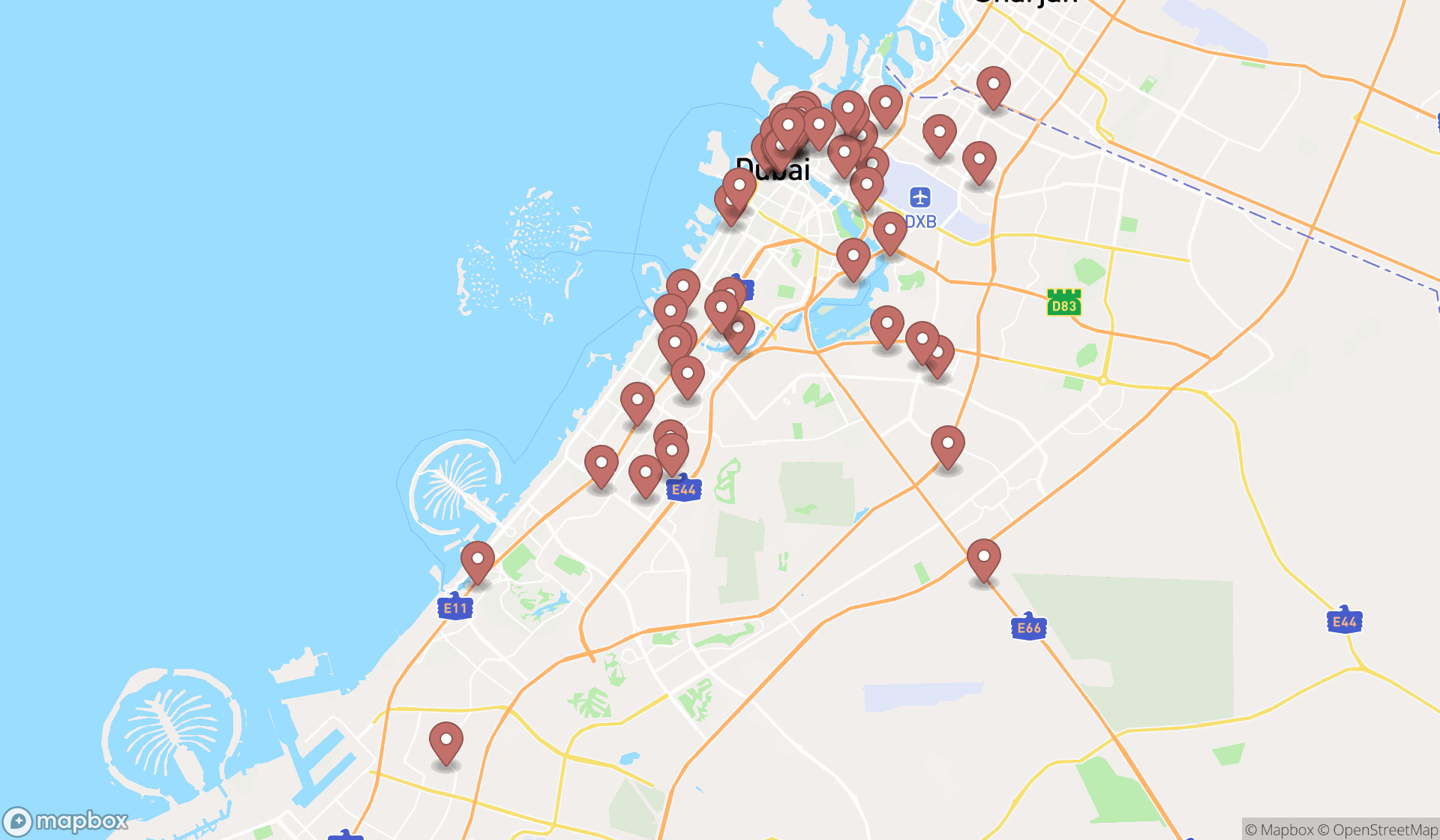 Map showing the search results in Dubai